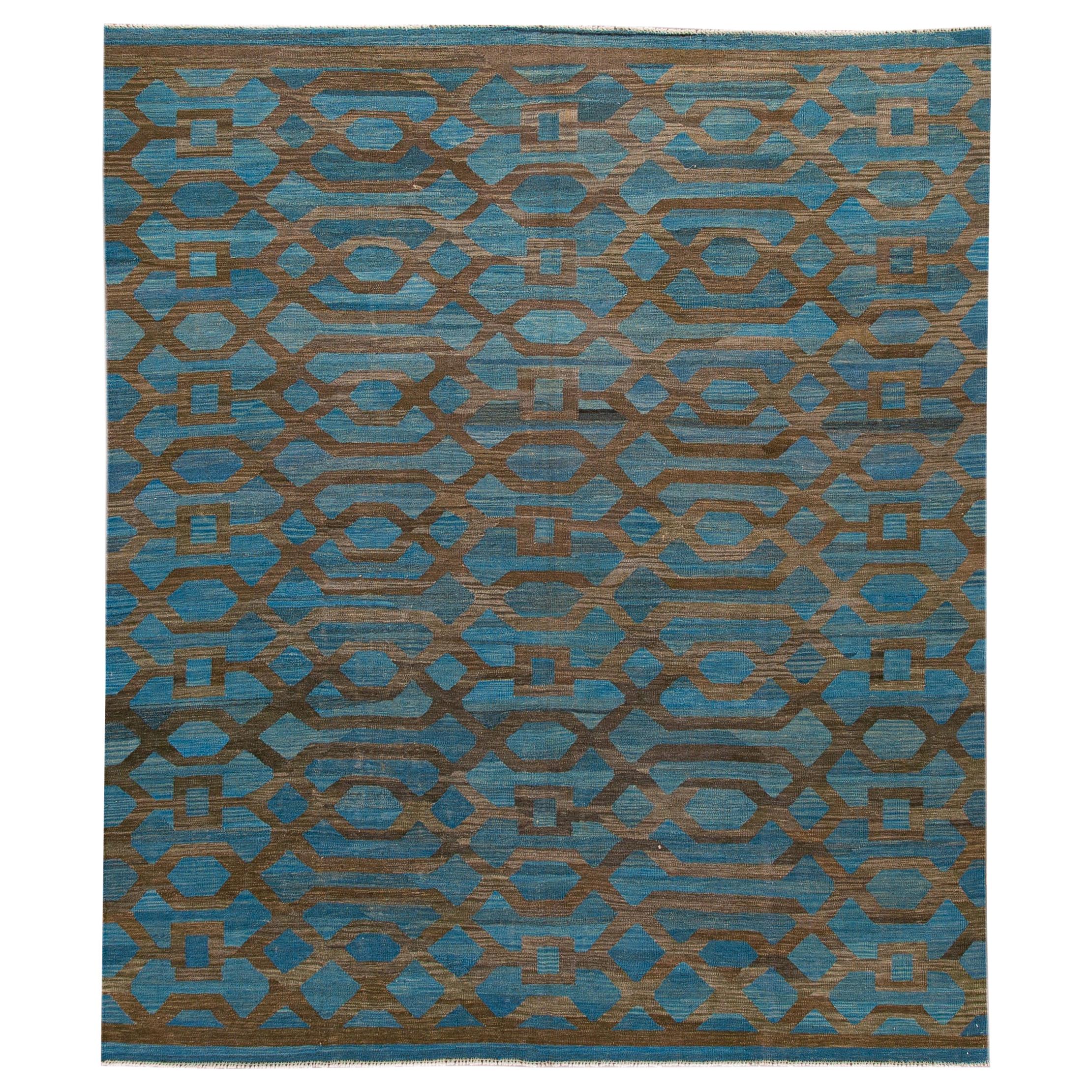 Modern Geometric Kilim Handmade Room Size Blue Wool Rug For Sale