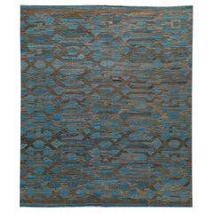 Tapis Kilim géométrique moderne en laine bleue fait à la main, taille de pièce