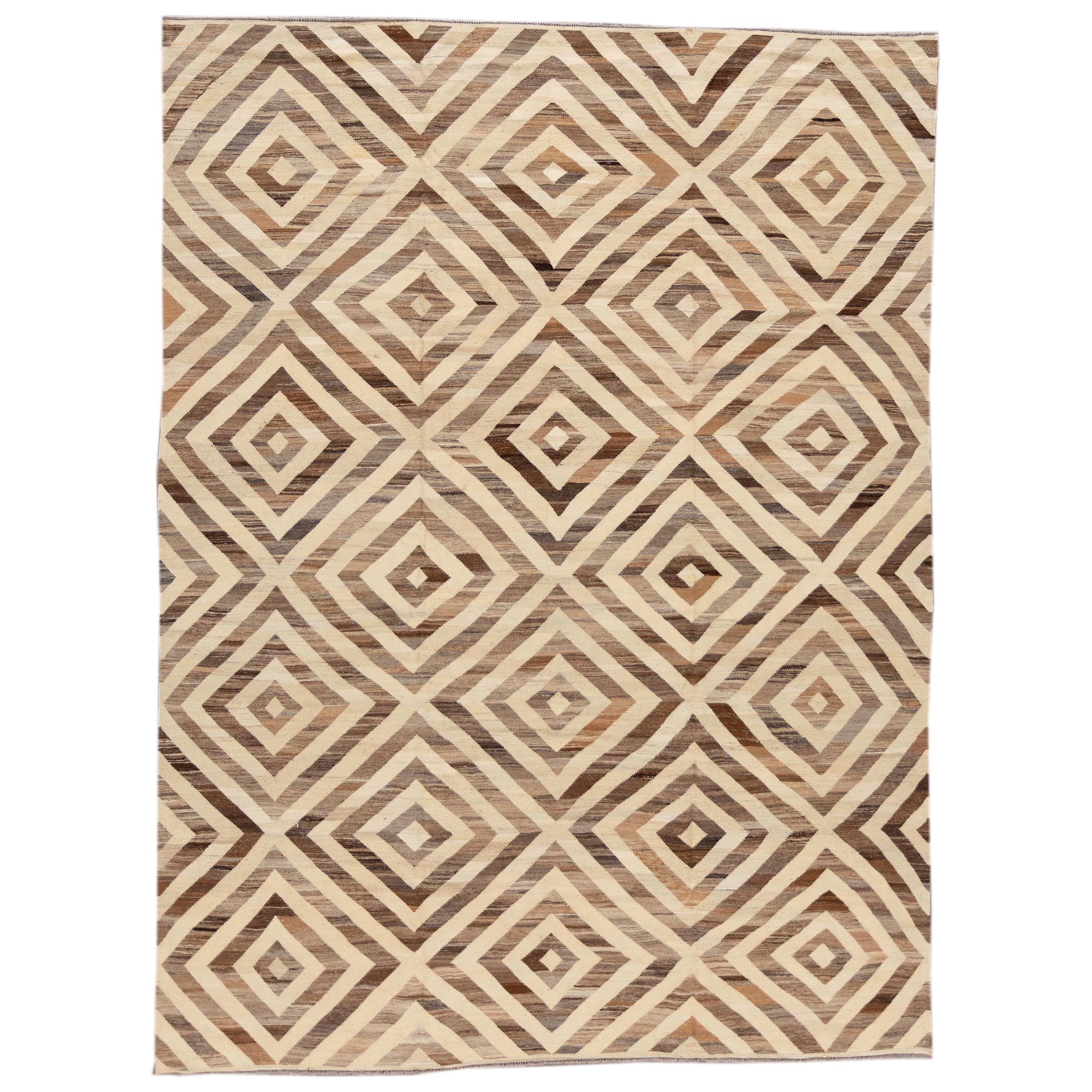 Beige Modern Kilim Handmade Wool Rug For Sale at 1stDibs