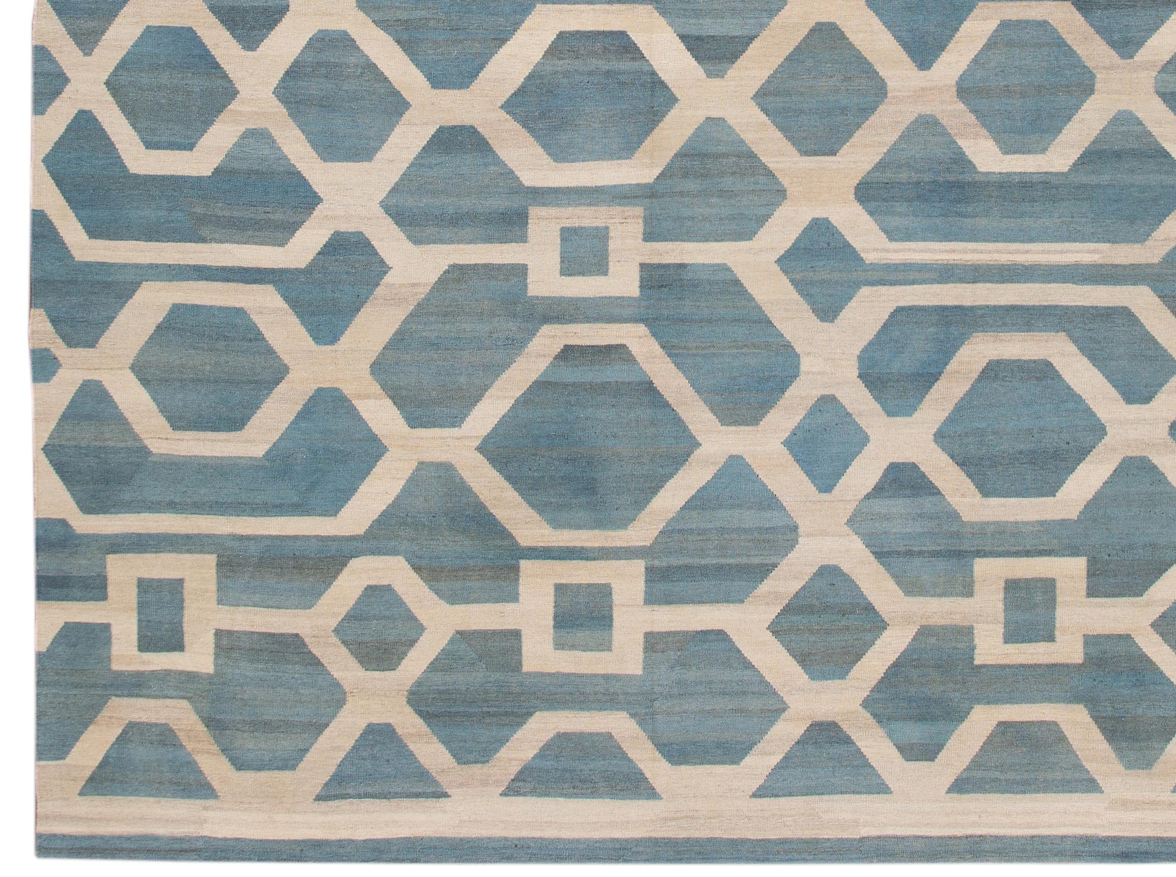 Hand-Woven Modern Geometric Kilim Room Size Wool Rug For Sale