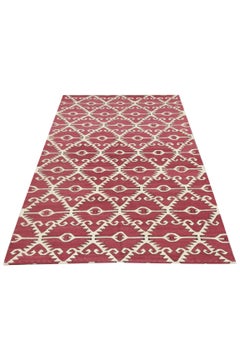 Modern Geometric Kilim Rugs Aztec Handwoven Red Flat Wool Area Rug