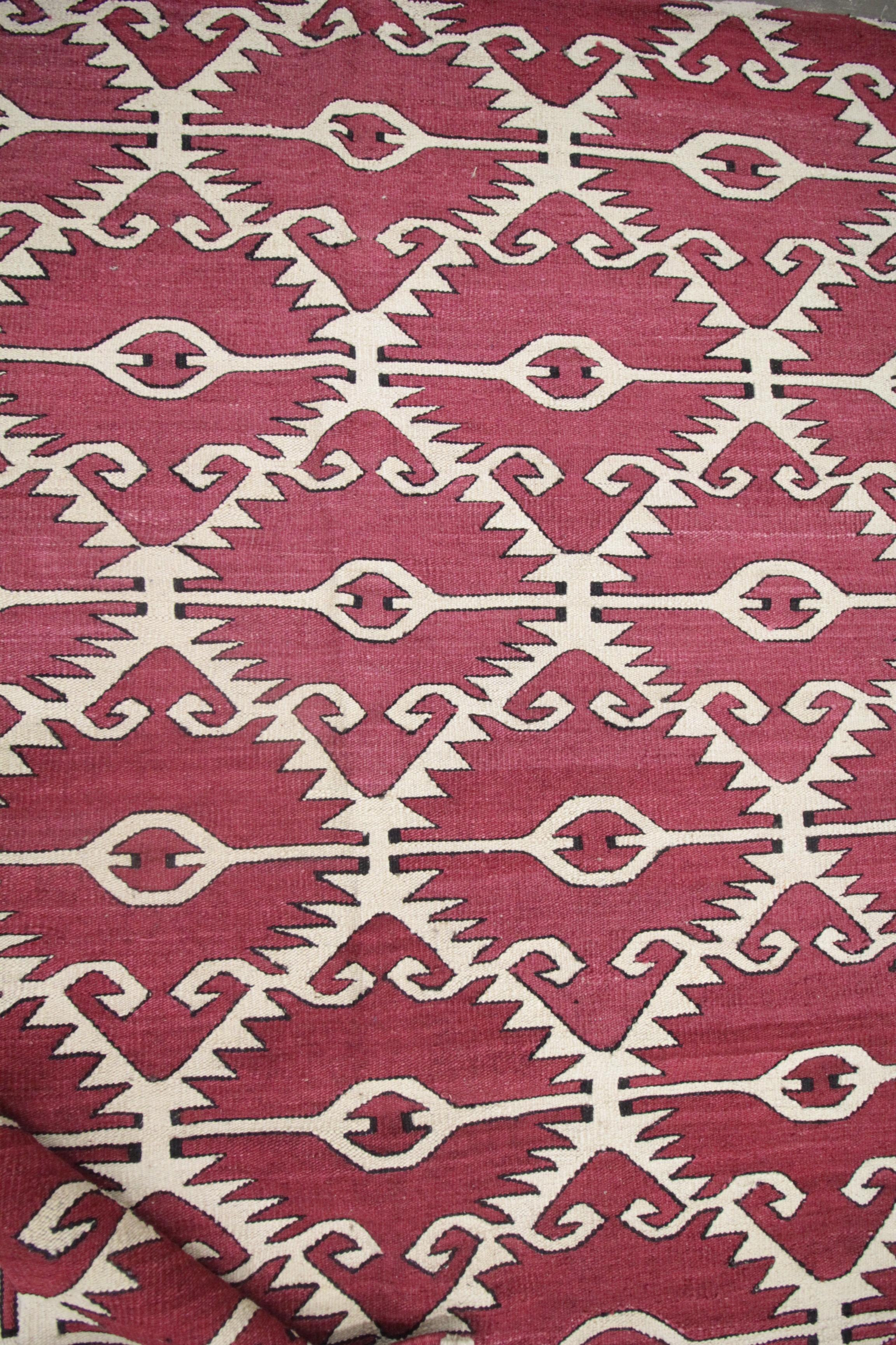 Modern Geometric Kilim Rugs Aztec Handwoven Red Flat Wool Area Rug 1