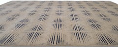 Modern Geometric Maze Beige and Navy Blue Wool and Silk Rug 9'x12'