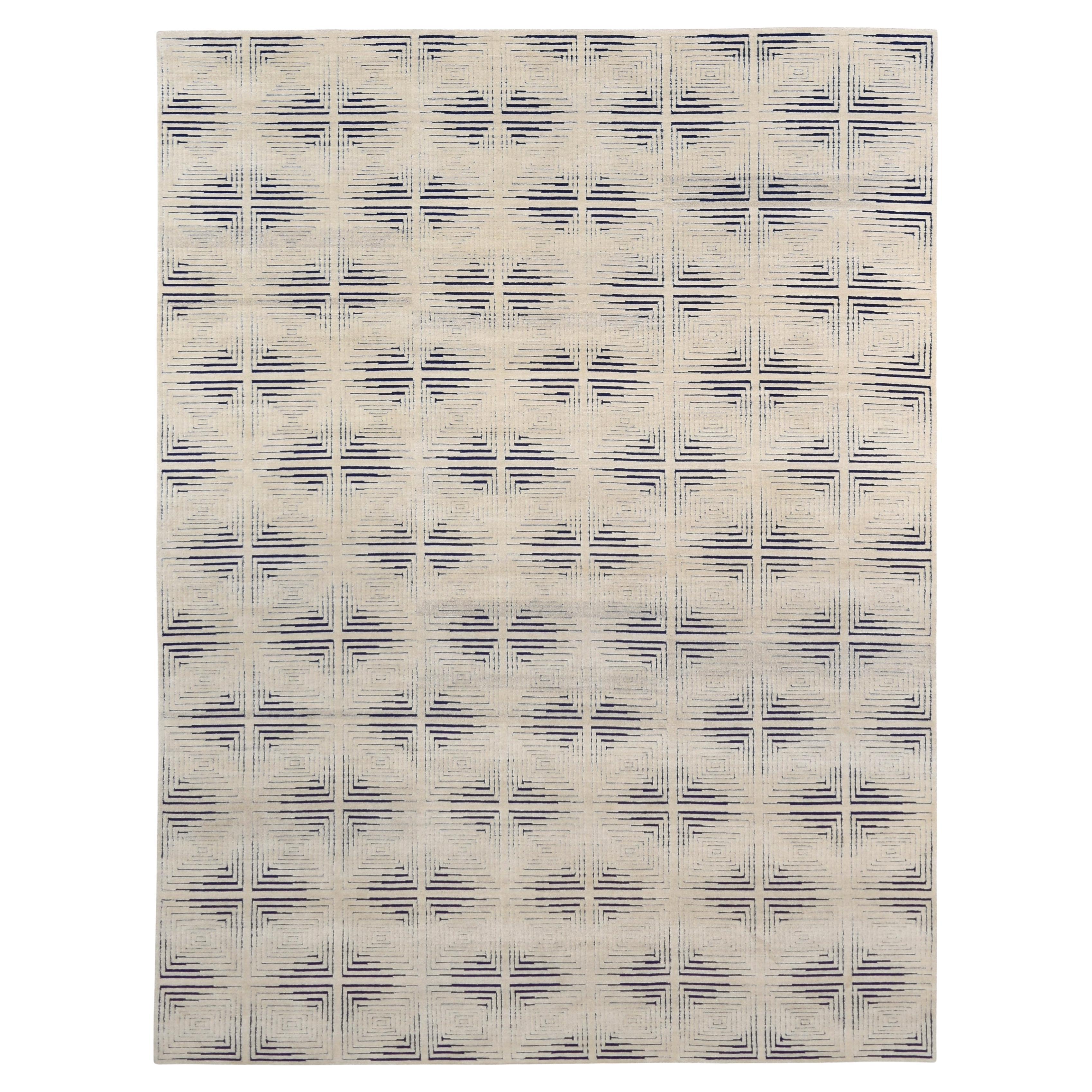 Modern Geometric Maze Beige and Navy Blue Wool and Silk Rug 9'x12'