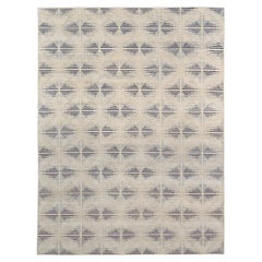 Alfombra Geométrica Moderna Laberinto Beige y Azul Marino de Lana y Seda 9'x12'