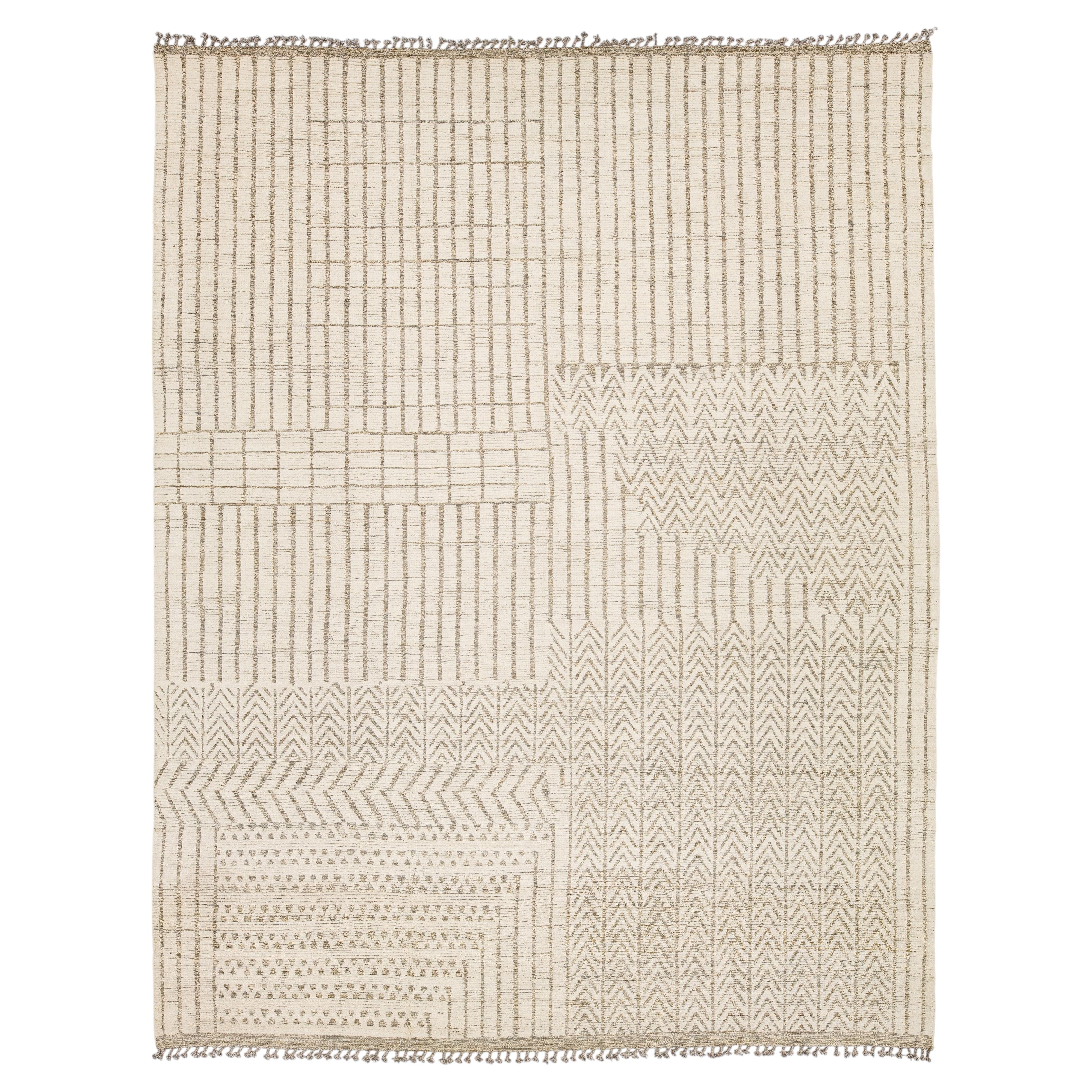 Modern Geometric Moroccan-Style Hand-knotted Wool Rug In Neutral Cream 12x15