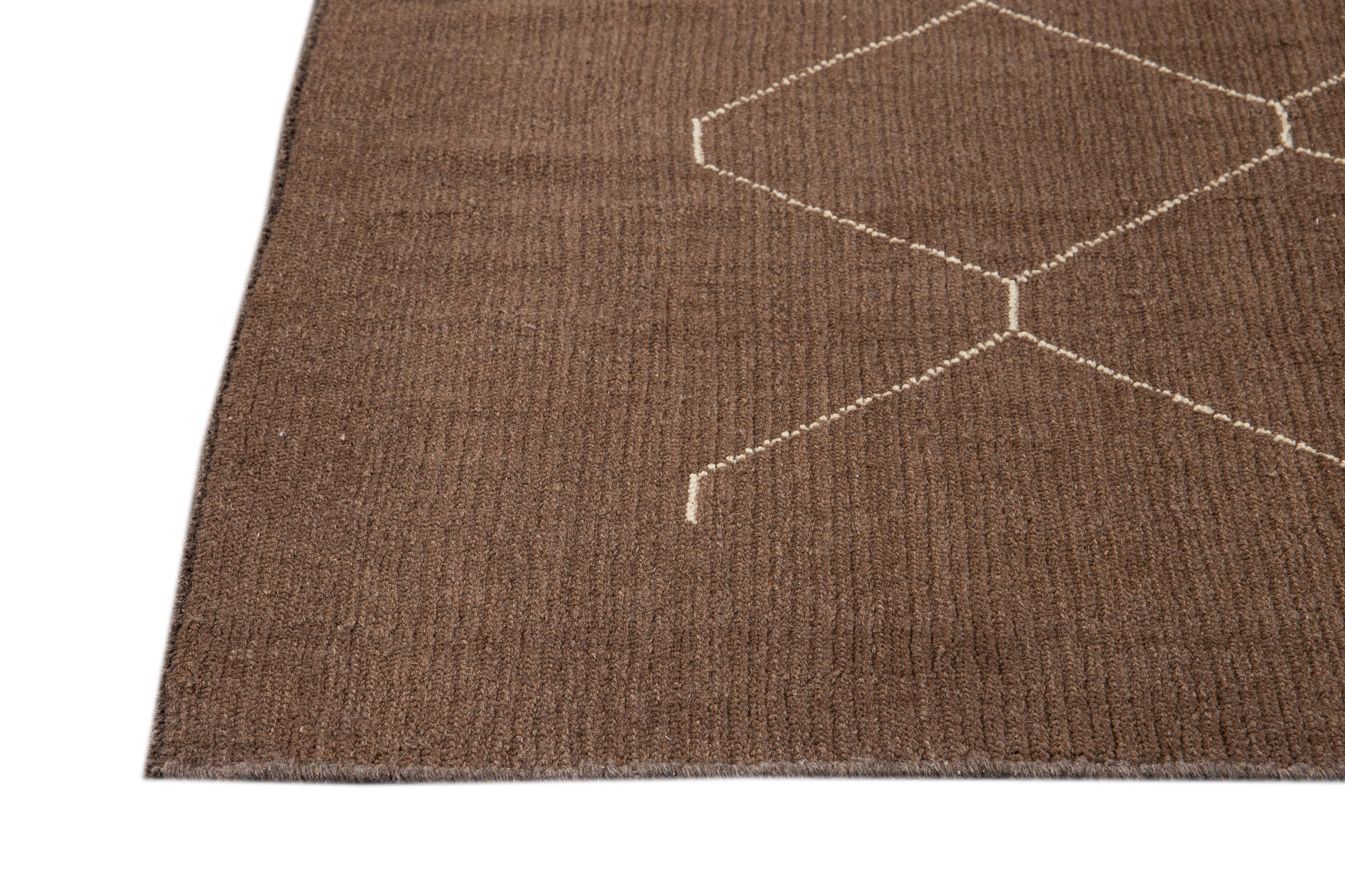 Hand-Knotted Modern Geometric Moroccan Style Handmade Brown Wool Rug For Sale