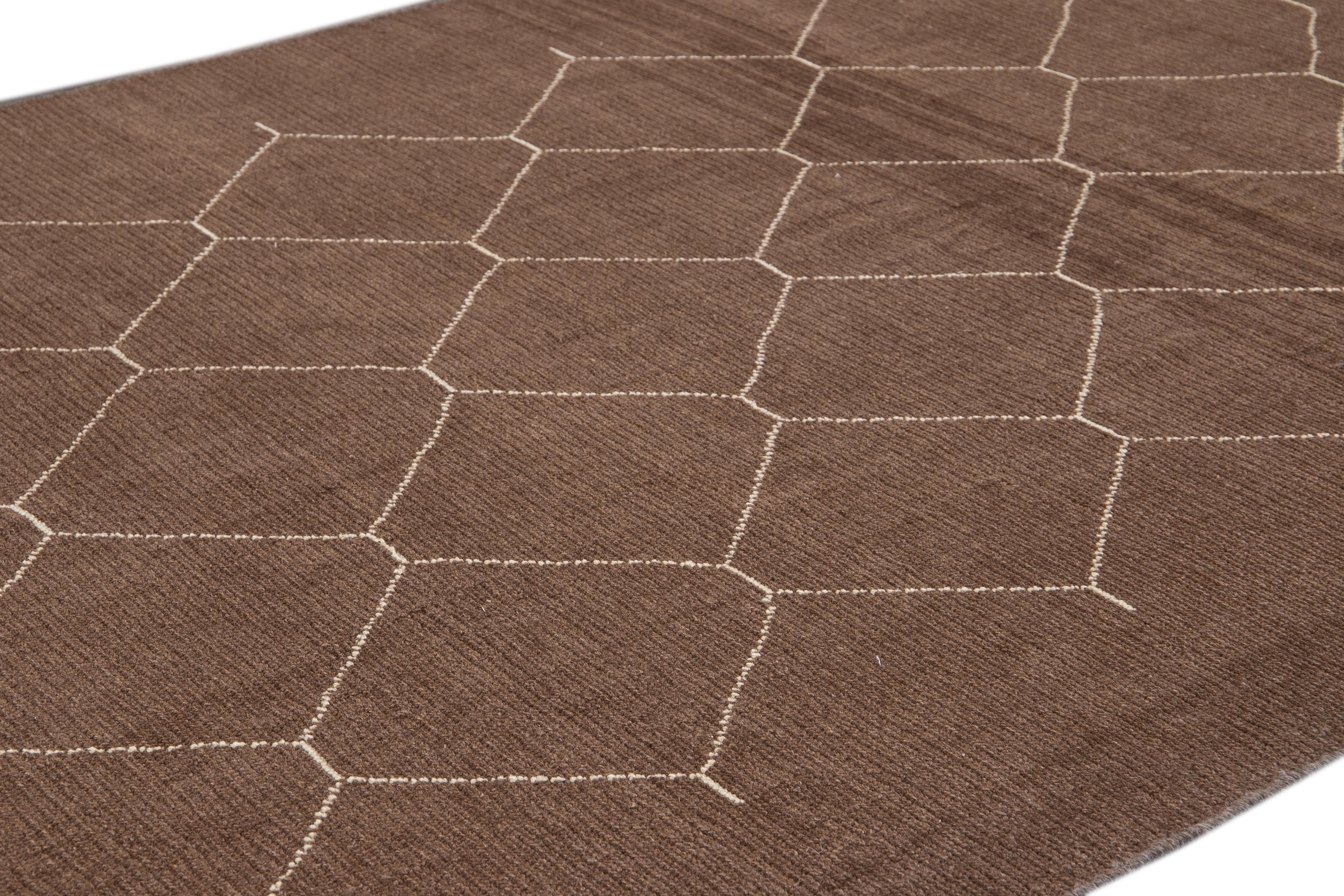 Modern Geometric Moroccan Style Handmade Brown Wool Rug In New Condition For Sale In Norwalk, CT