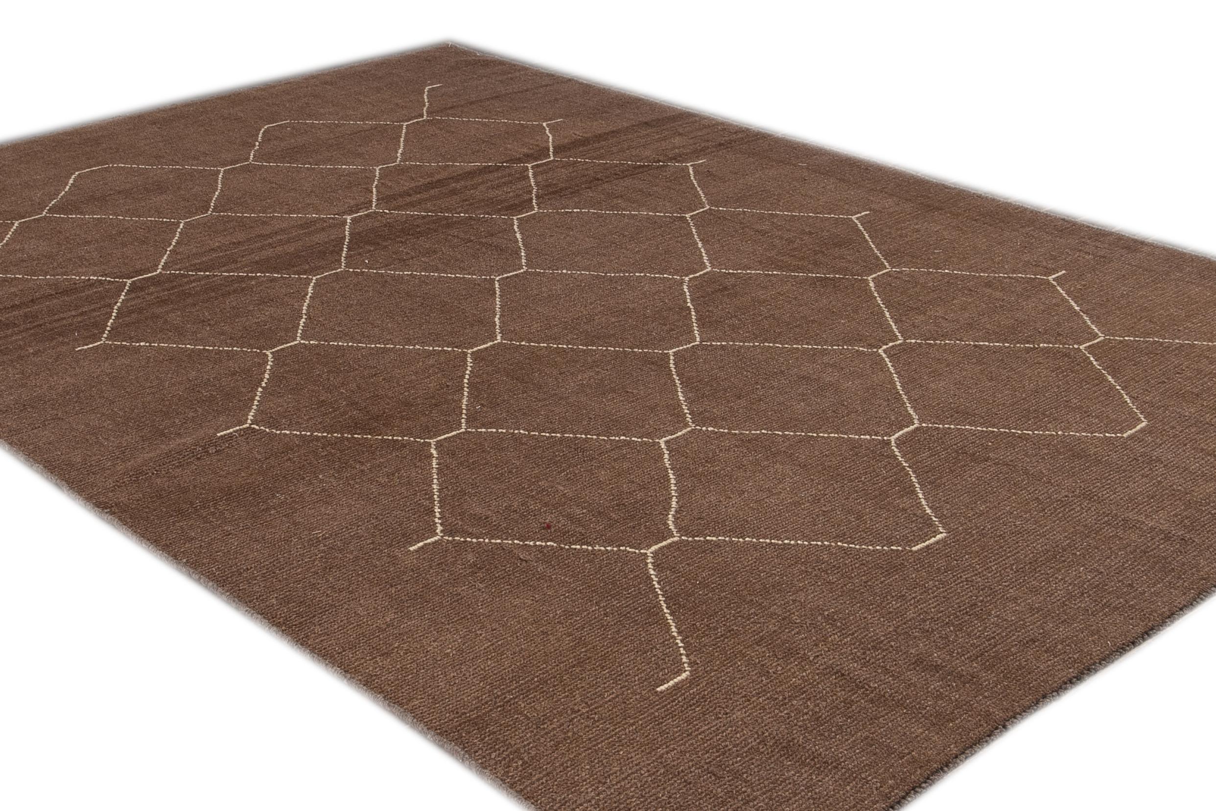Contemporary Modern Geometric Moroccan Style Handmade Brown Wool Rug For Sale