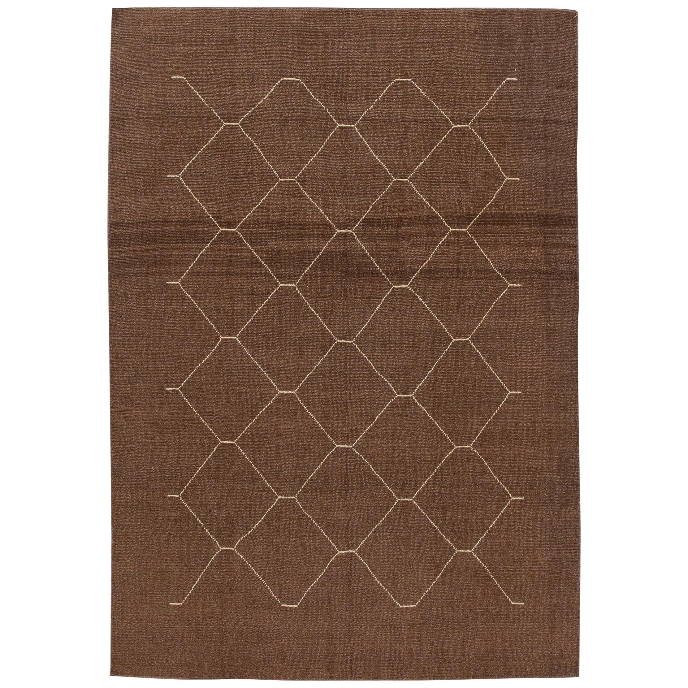 Modern Geometric Moroccan Style Handmade Brown Wool Rug For Sale