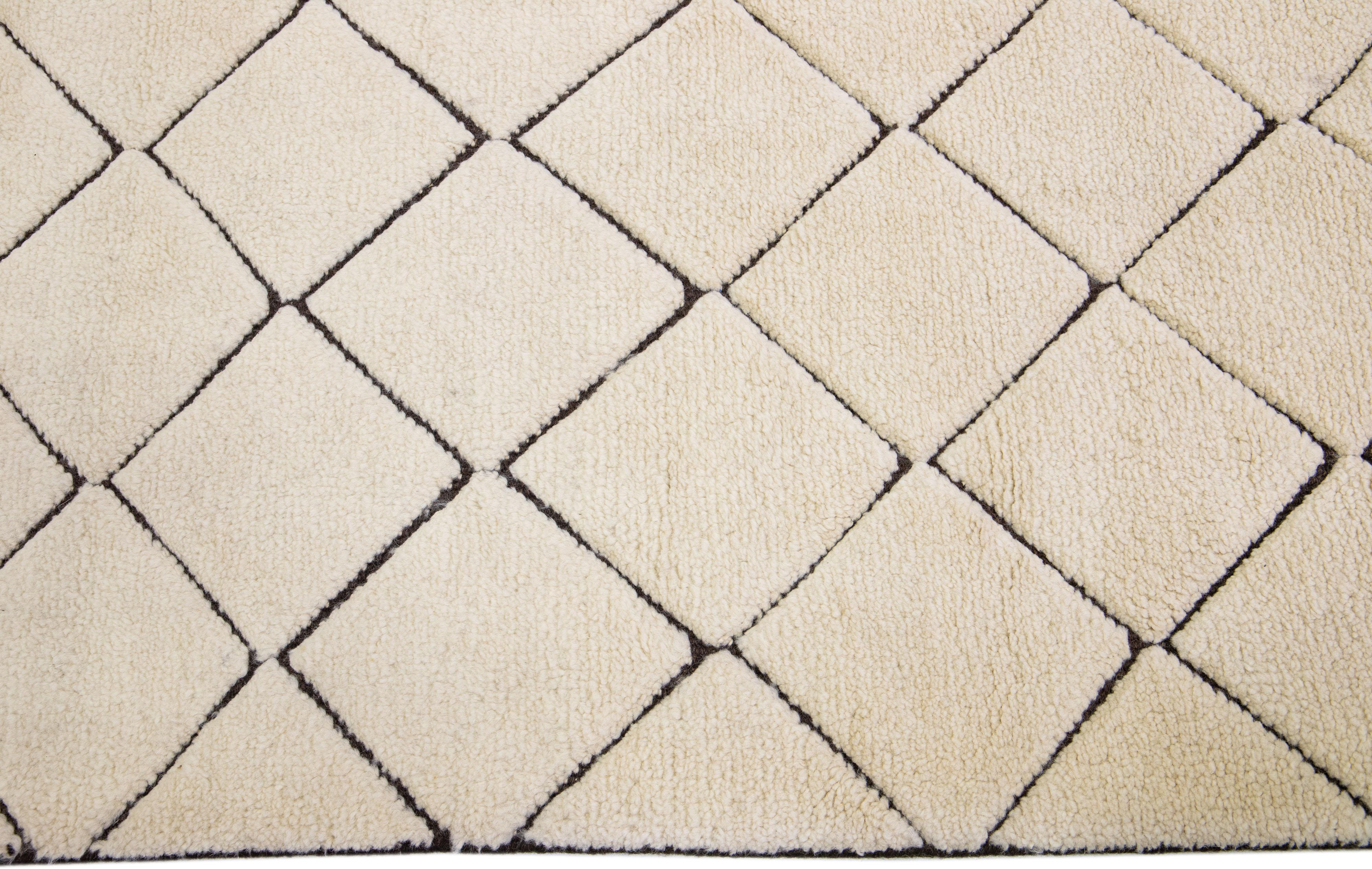 Hand-Knotted Modern Geometric Moroccan Style Handmade Wool Rug in Ivory For Sale