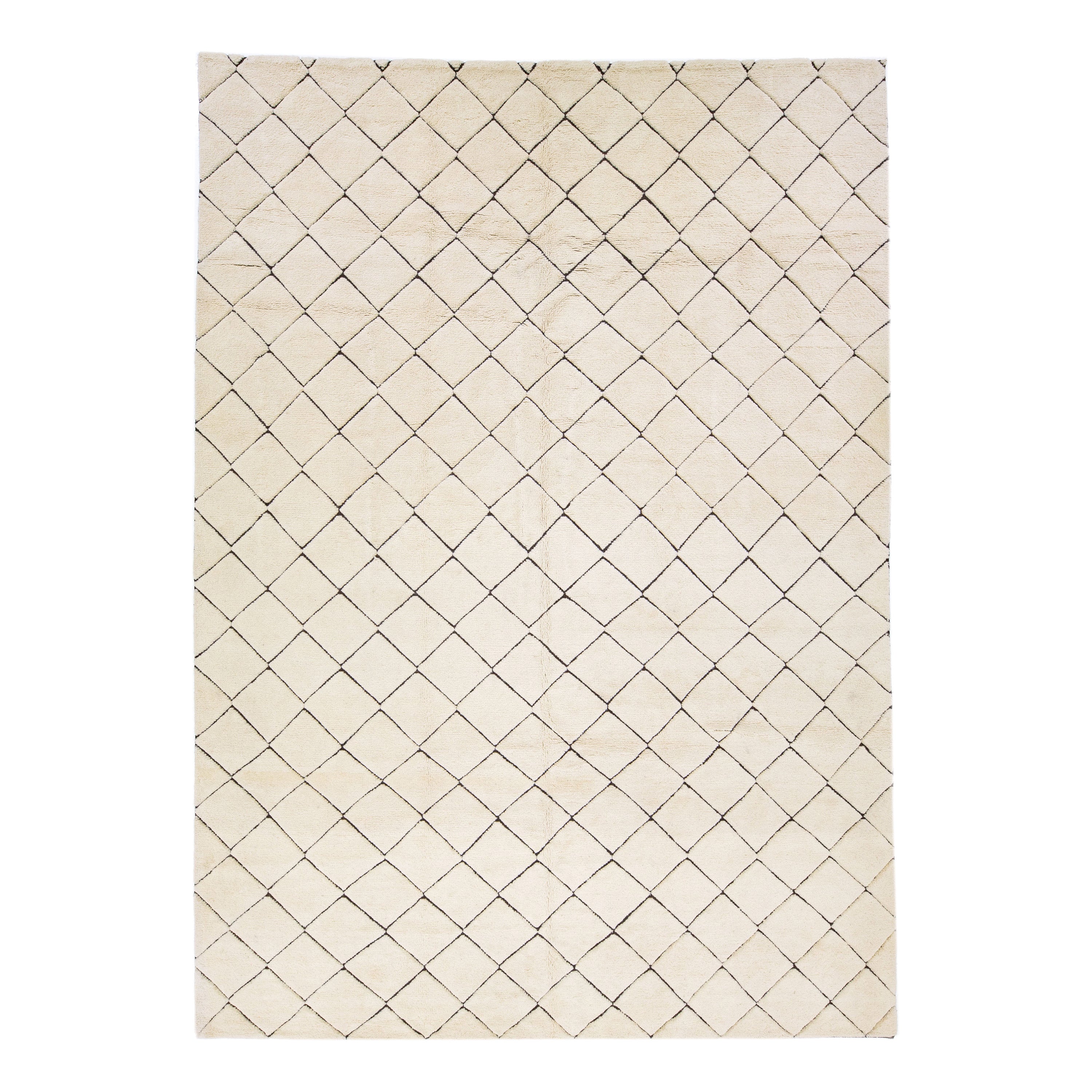 Modern Geometric Moroccan Style Handmade Wool Rug in Ivory