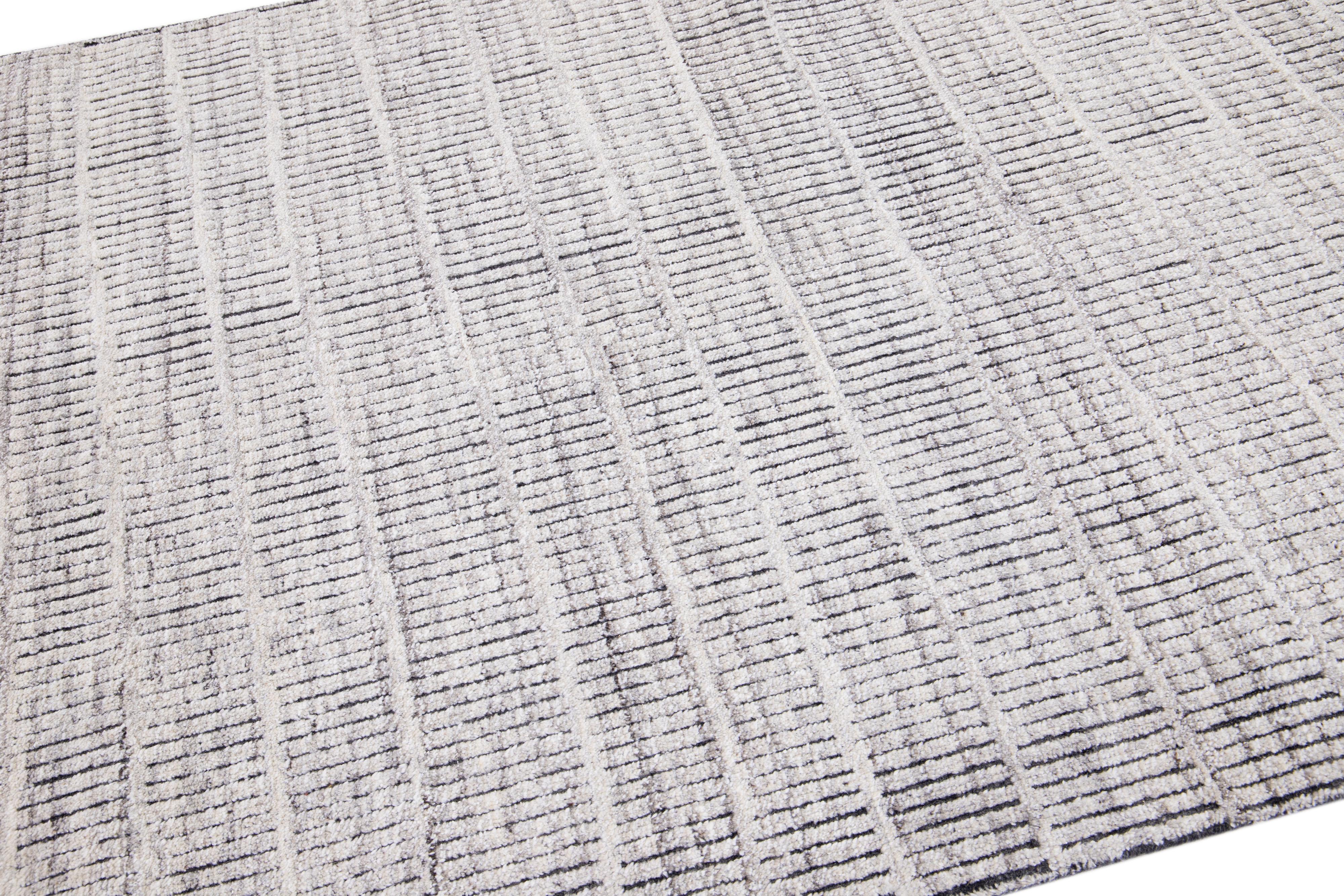 Organic Modern Modern Geometric Moroccan Style Handmade Wool Rug in Light Gray by Apadana For Sale