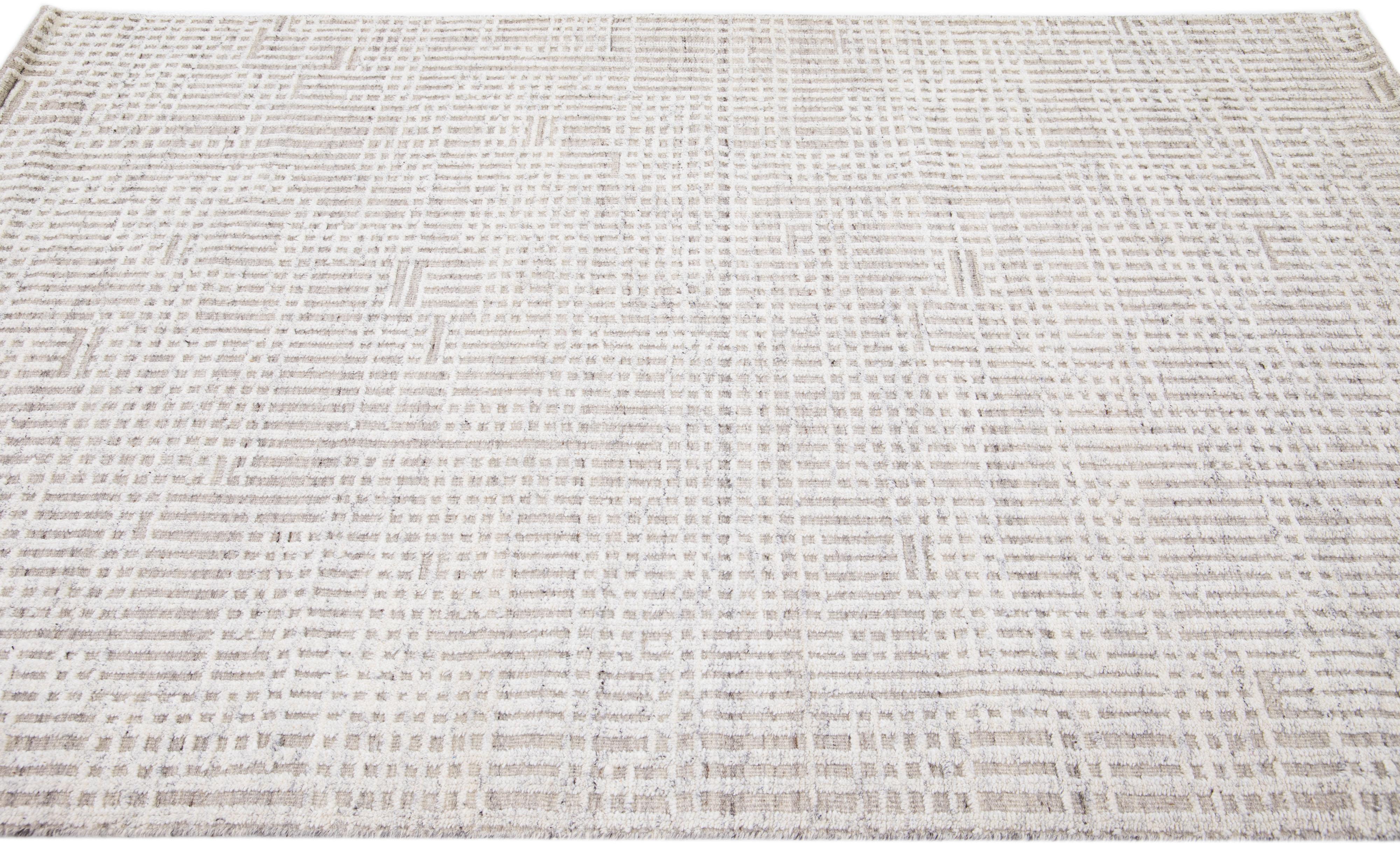 Modern Geometric Moroccan Style Scatter Wool Rug with Ivory Field by Apadana In New Condition For Sale In Norwalk, CT