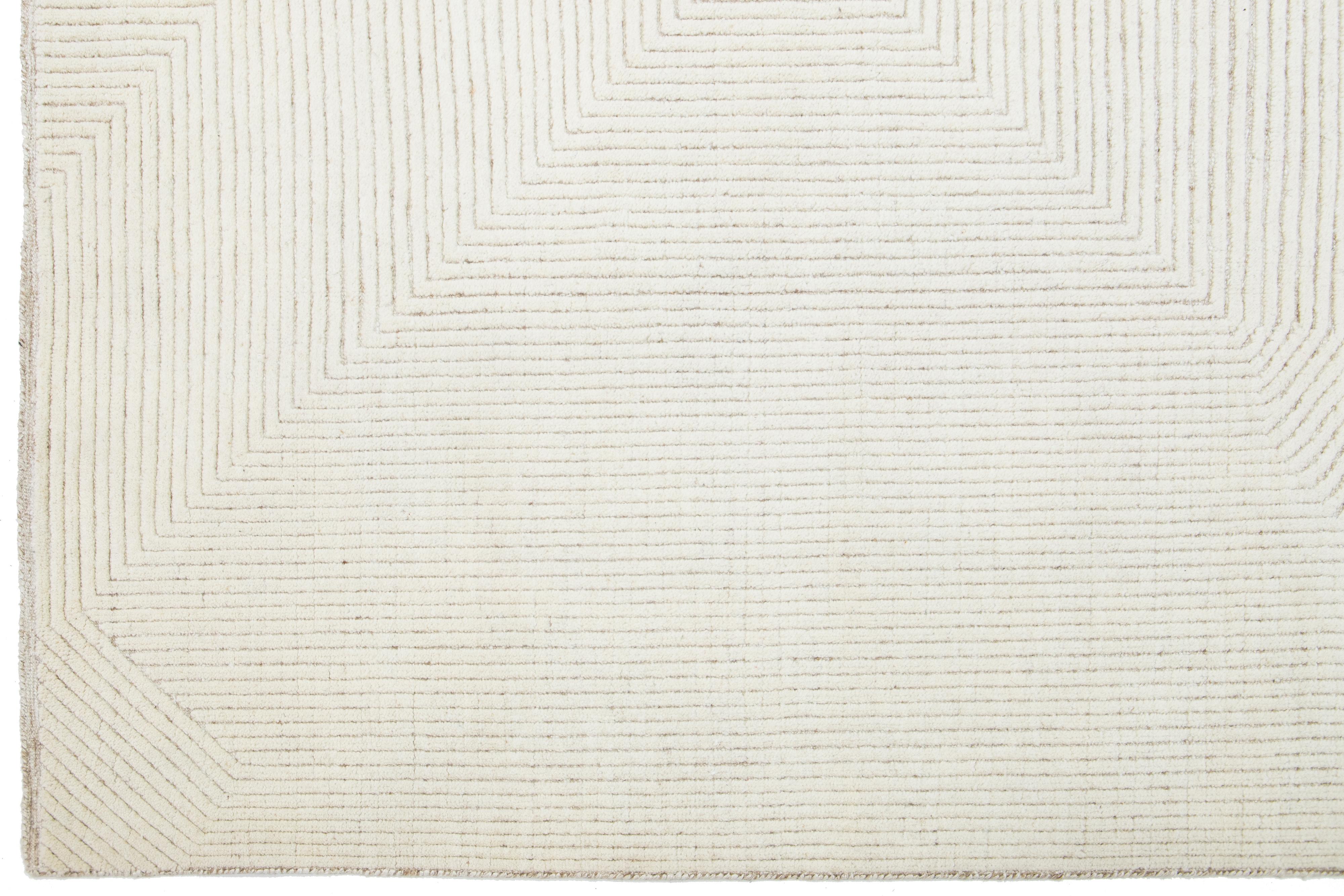 Hand-Knotted Modern Geometric Moroccan Style Wool Rug In Ivory For Sale