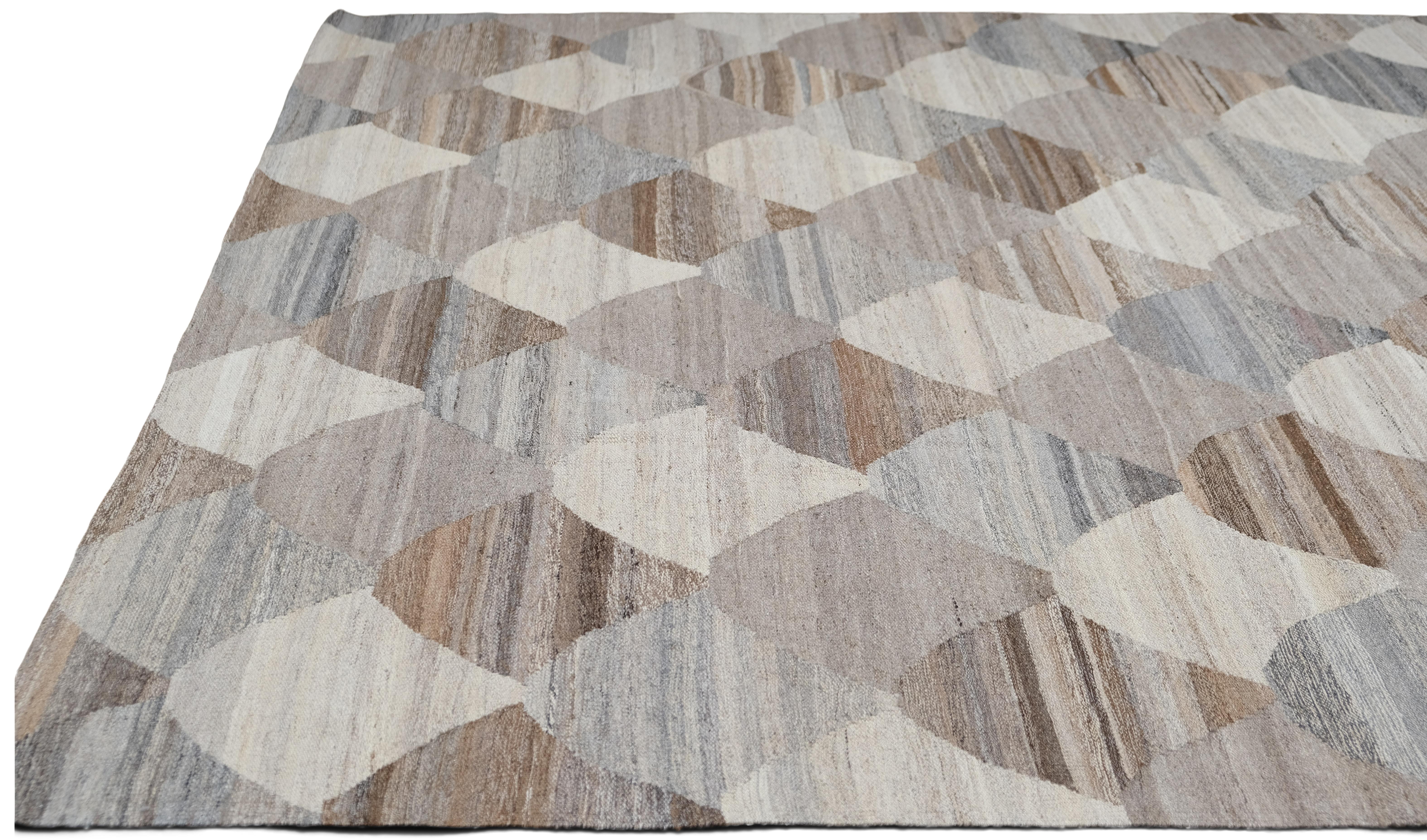 Moderner geometrischer natürlicher Woll-Kilim-Teppich 8'9''x11'10'' (Pakistanisch) im Angebot