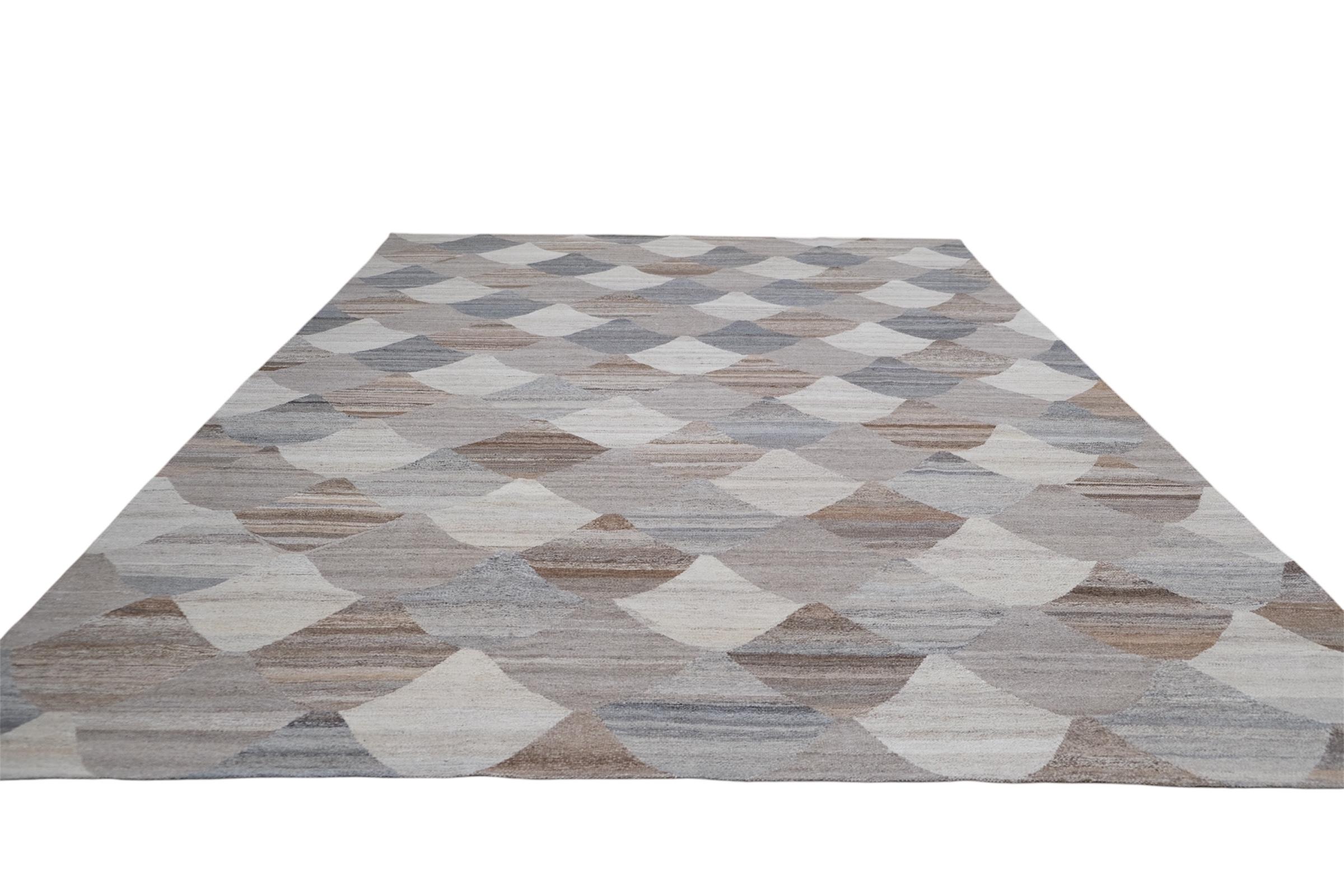 Moderner geometrischer natürlicher Woll-Kilim-Teppich 8'9''x11'10'' (Wolle) im Angebot
