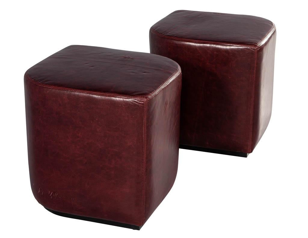 American Modern Geometric Ottomans in Distressed Burgundy Leather For Sale