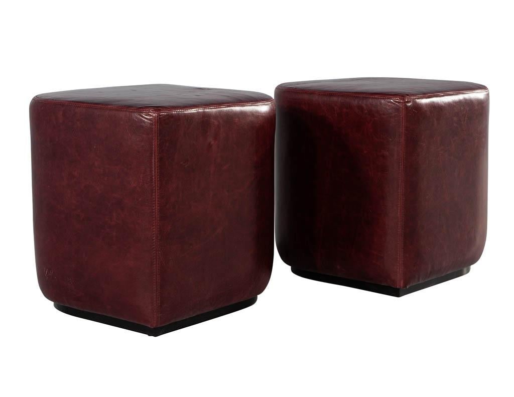 Modern Geometric Ottomans in Distressed Burgundy Leather In Excellent Condition For Sale In North York, ON