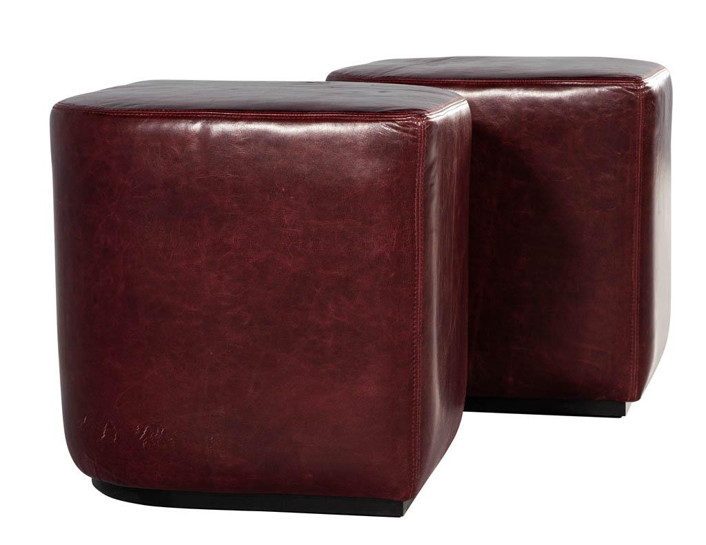 Contemporary Modern Geometric Ottomans in Distressed Burgundy Leather For Sale