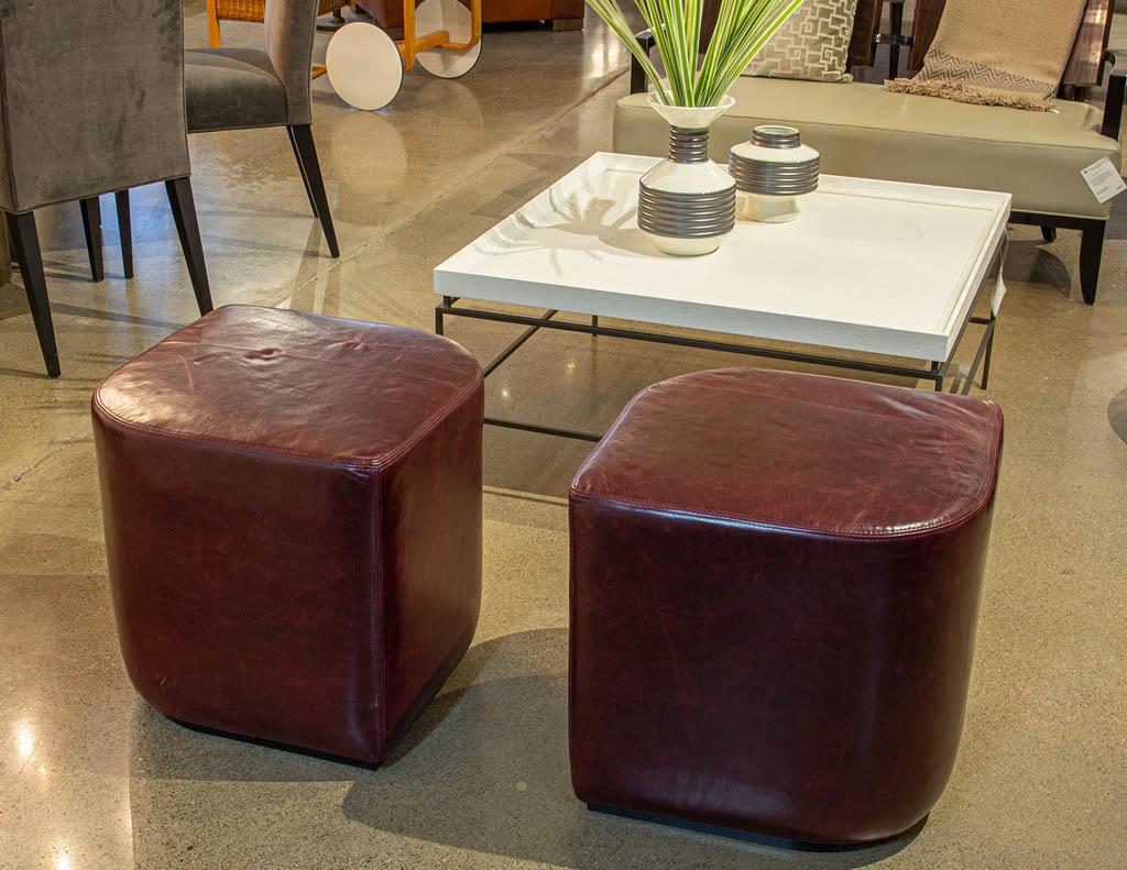 Modern Geometric Ottomans in Distressed Burgundy Leather For Sale 1