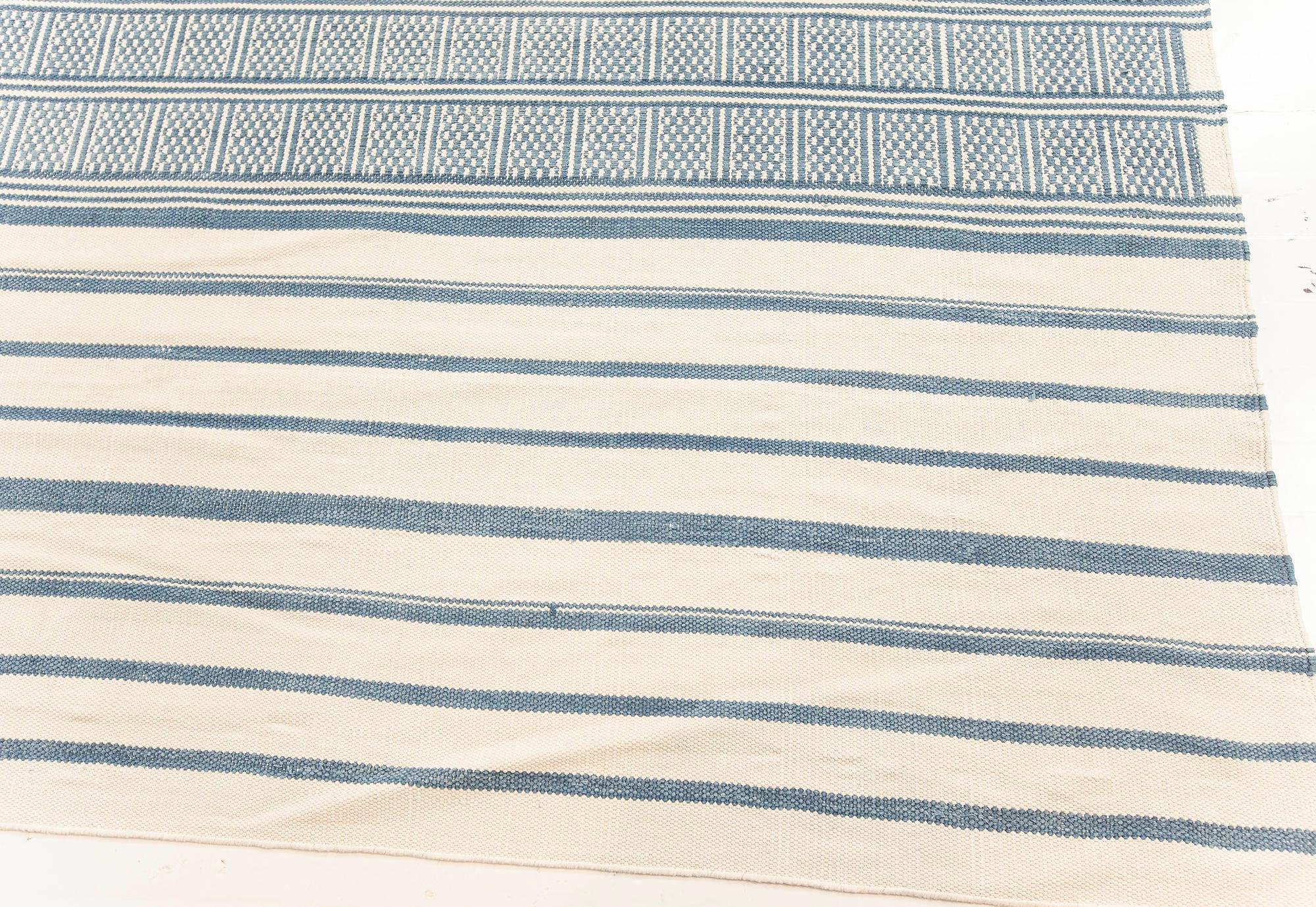 Contemporary Modern Geometric Oversized Dhurrie Blue and White Rug by Doris Leslie Blau For Sale