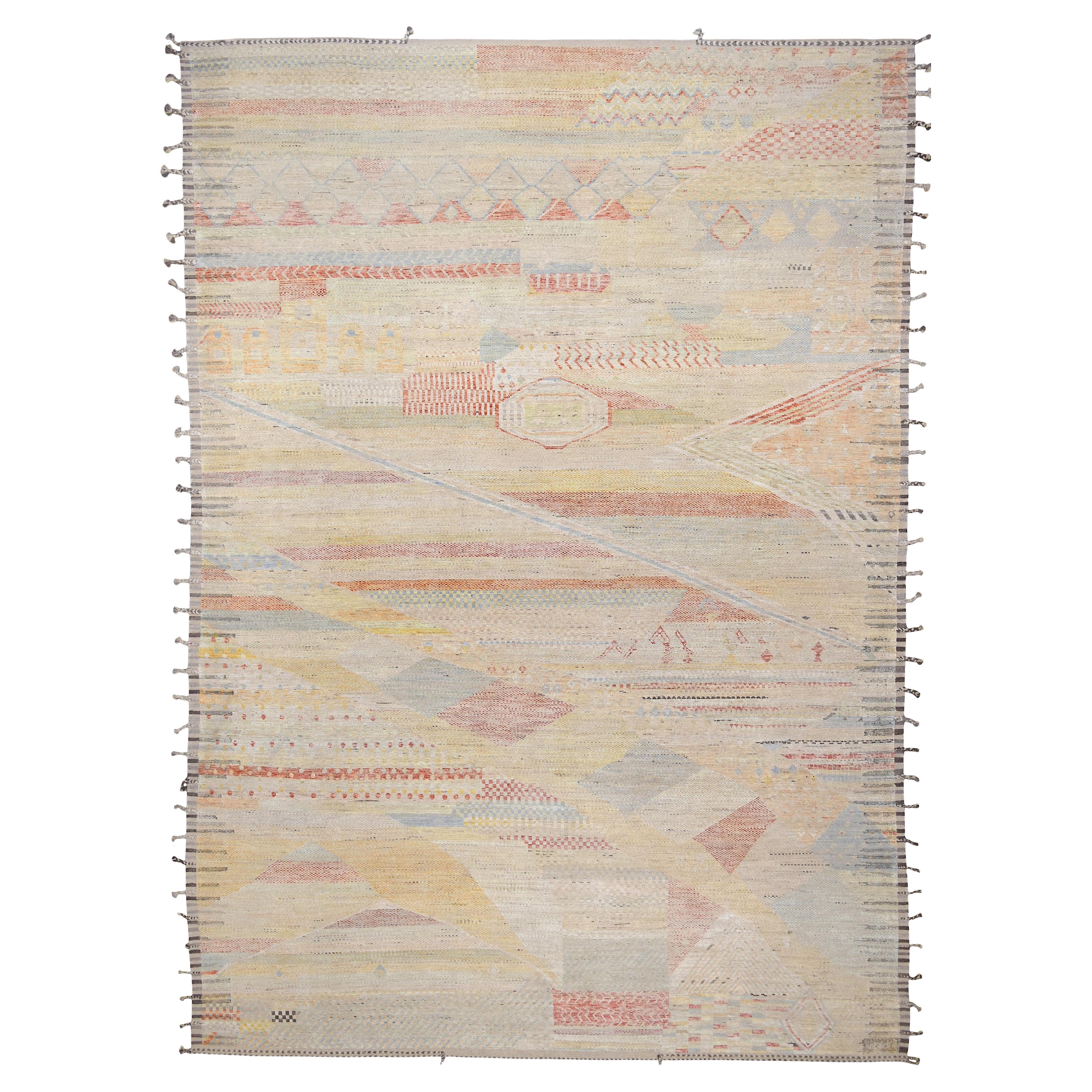 Moderner geometrischer pastellfarbener Wollteppich 13'8''x19'5'' um 2020 im Angebot