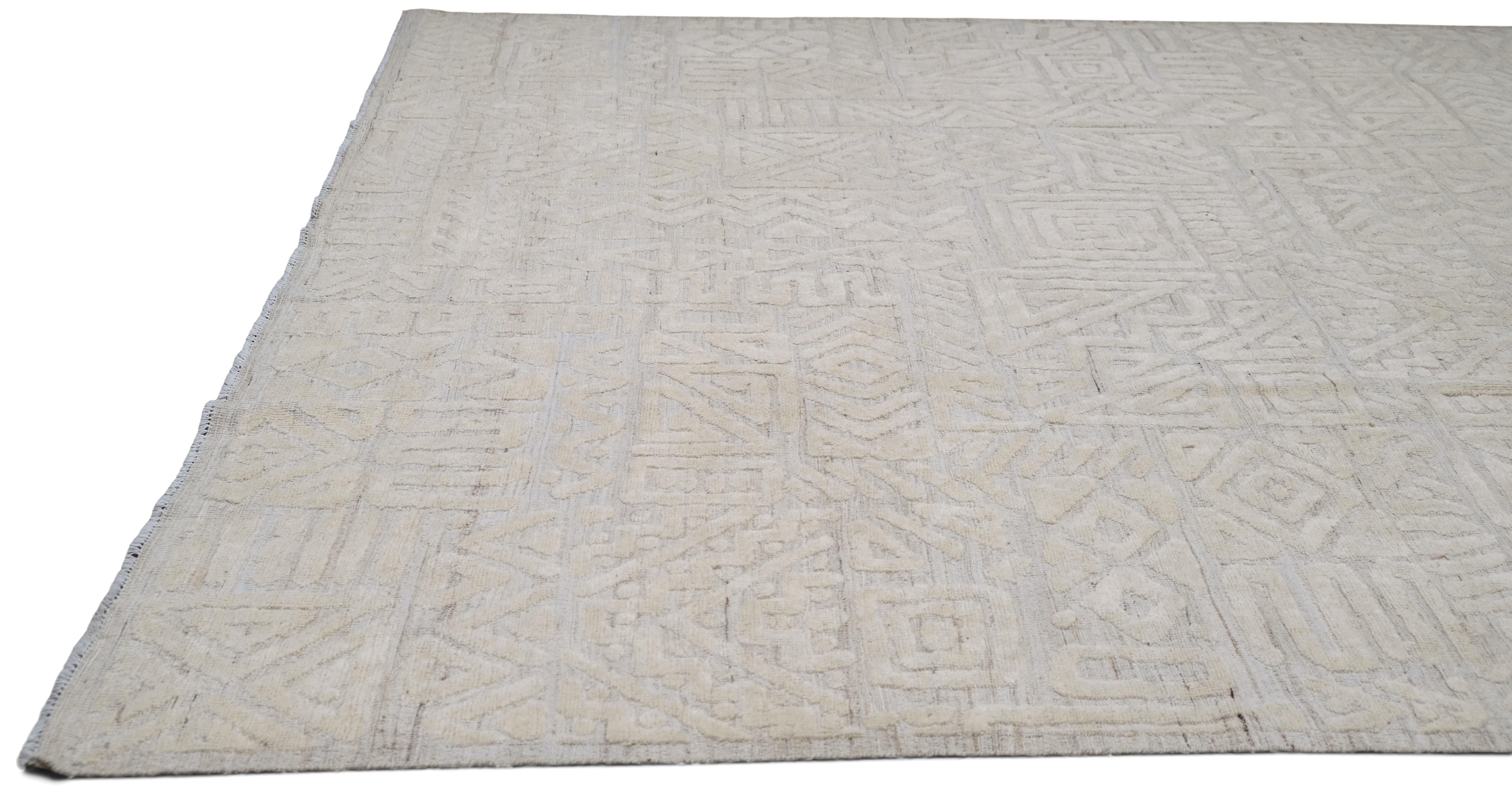 Moderner geometrischer gemusterter Wollteppich 8'10''x11'6'' (Handgeknüpft) im Angebot