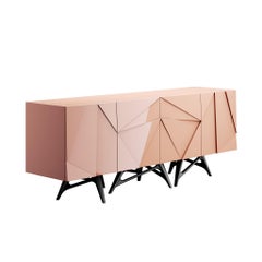 Modern Geometric Pink Sideboard, Gloss Beige Red Lacquer & Black Stainless Steel