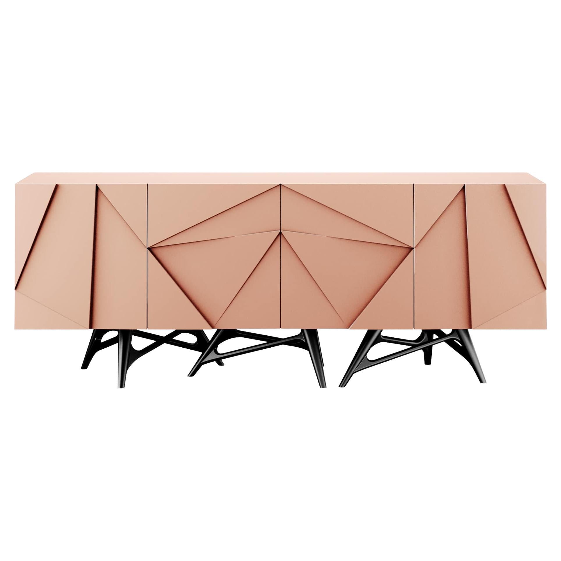 Modern Geometric Pink Sideboard, Gloss Beige Red Lacquer & Black Stainless Steel For Sale