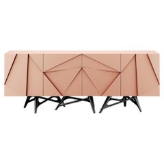 Modern Geometric Pink Sideboard, Gloss Beige Red Lacquer & Black Stainless Steel