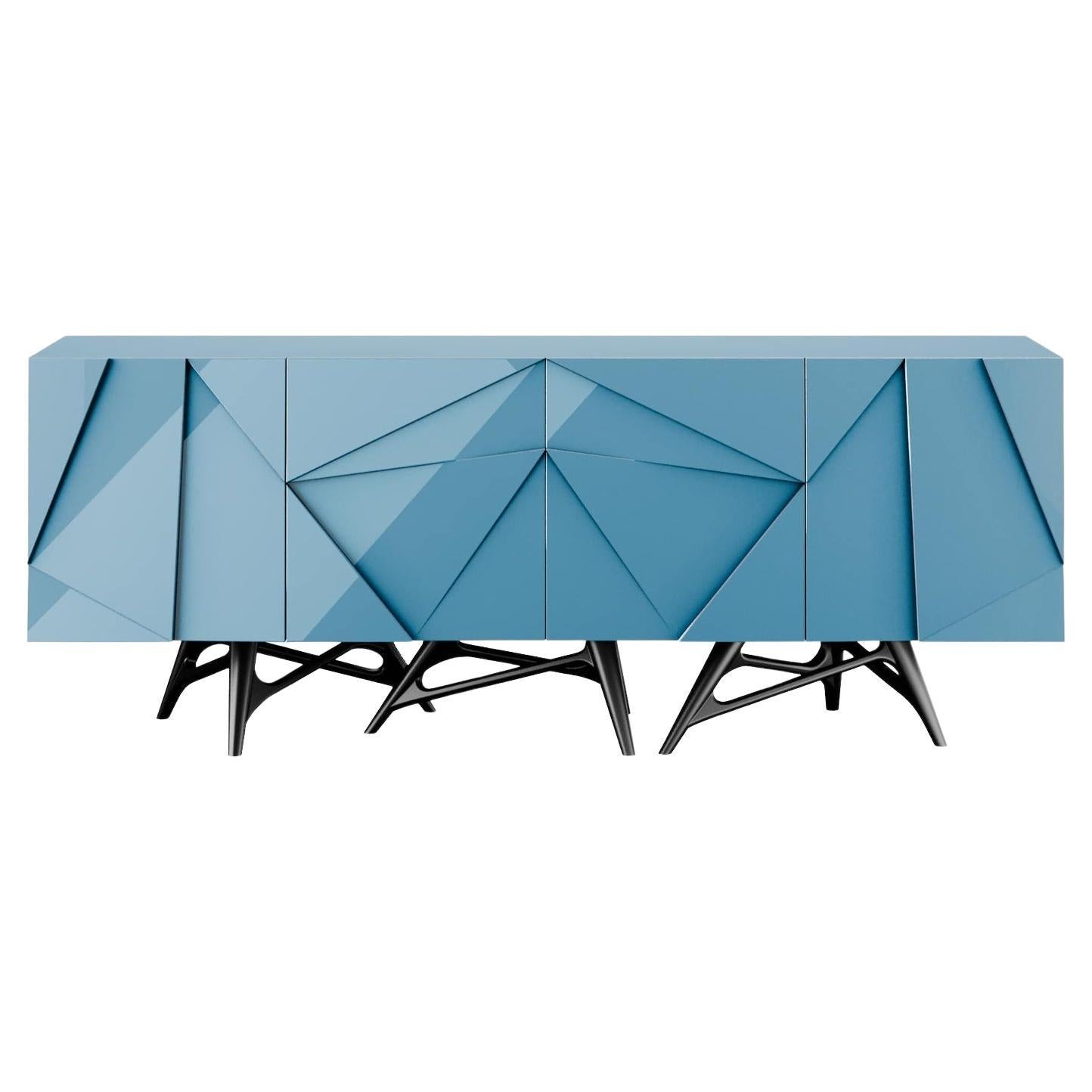 Modern Geometric Pink Sideboard, Gloss Blue Lacquer & Black Stainless Steel For Sale