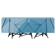 Modern Geometric Pink Sideboard, Gloss Blue Lacquer & Black Stainless Steel