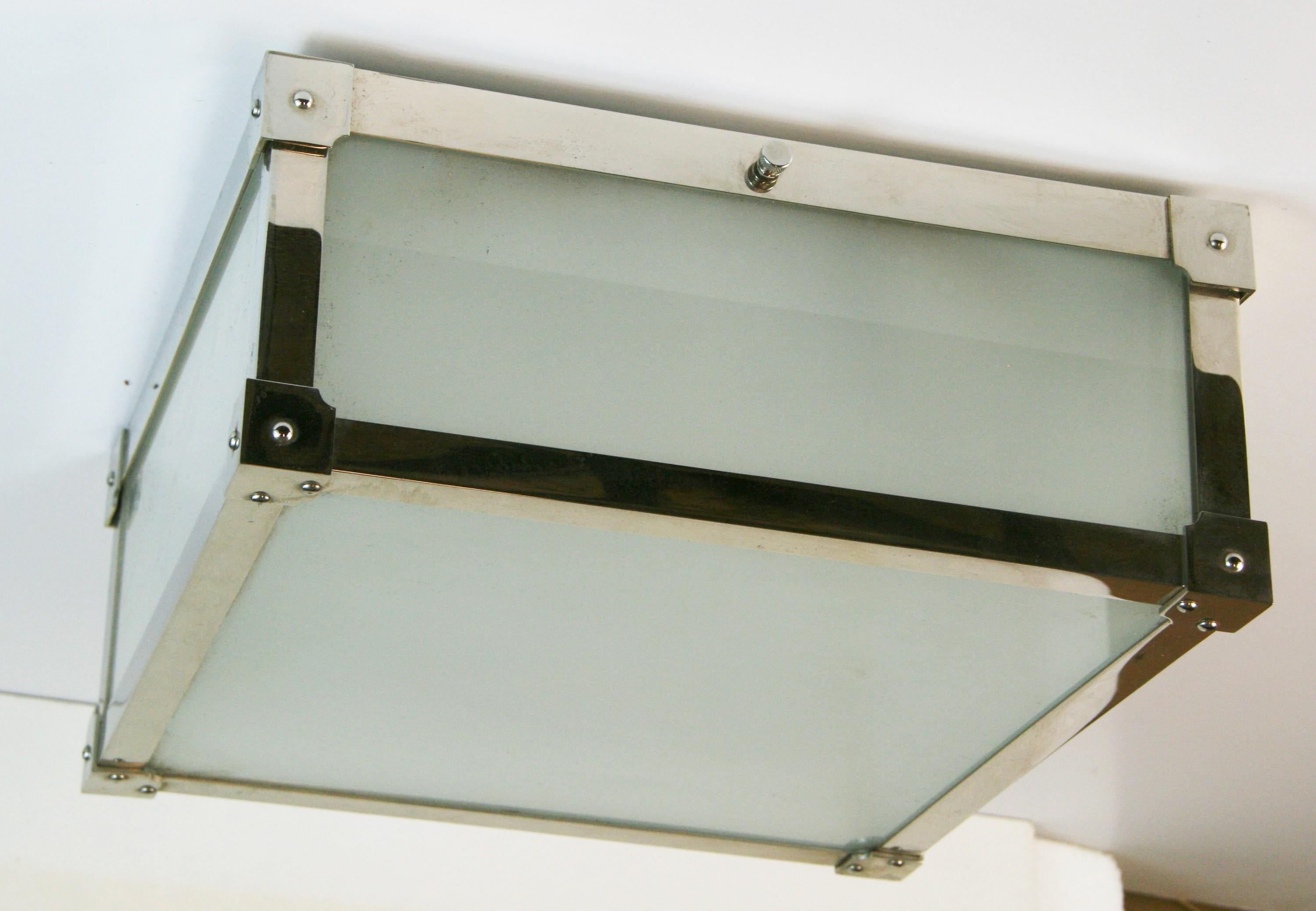 Modern Geometric Polished Nickel and Frosted Glass Flushmount {4 available) For Sale 7