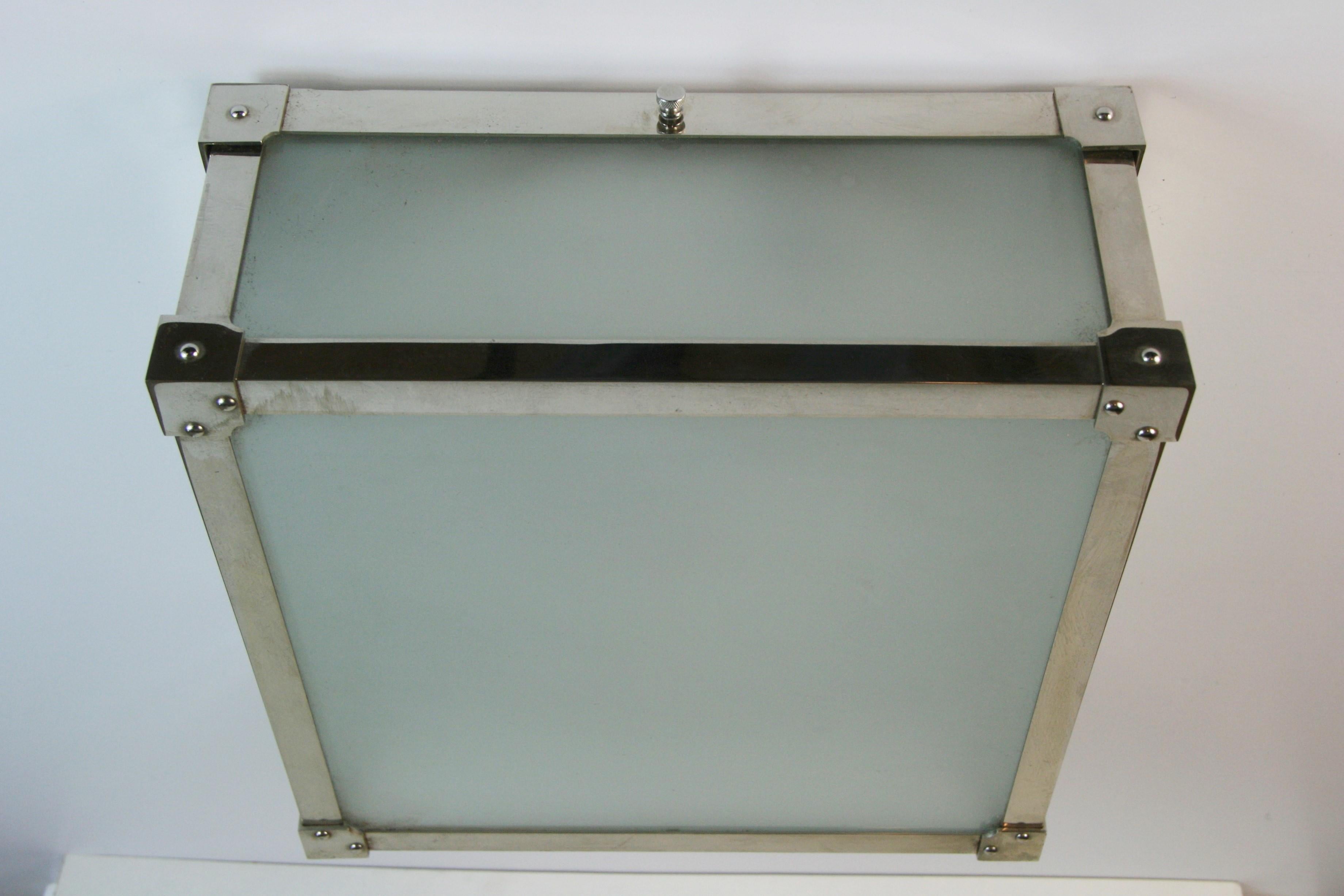Modern Geometric Polished Nickel and Frosted Glass Flushmount {4 available) For Sale 1