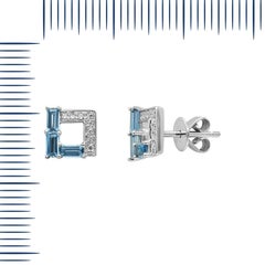 Modern Geometric Precious Blue Topaz White Diamond White Gold Stud Earrings