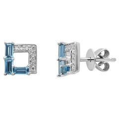 Modern Geometric Precious Blue Topaz White Diamond White Gold Stud Earrings