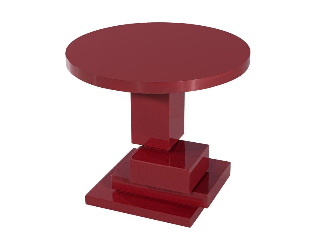 Wood Modern Geometric Round Accent Table in Ruby Lacquer Finish For Sale