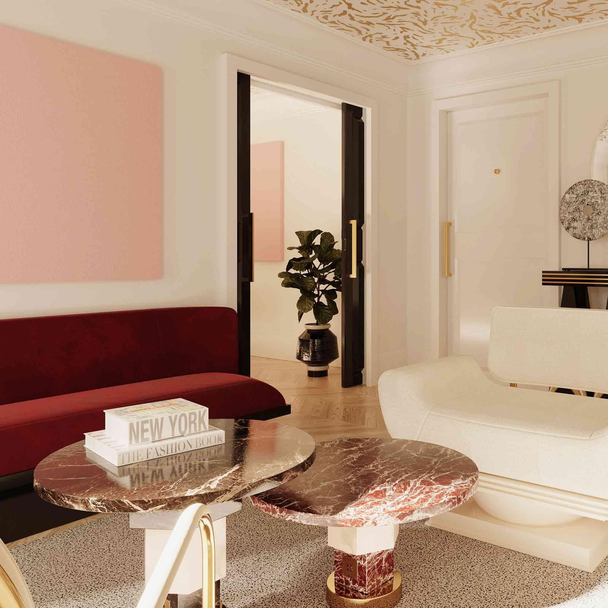 Moderner geometrischer runder Beistelltisch im Memphis-Design aus schwarzem und rosa Marmor (21. Jahrhundert und zeitgenössisch) im Angebot