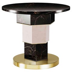 Modern Geometric Round Side Table Memphis Design Style Black and Pink Marble