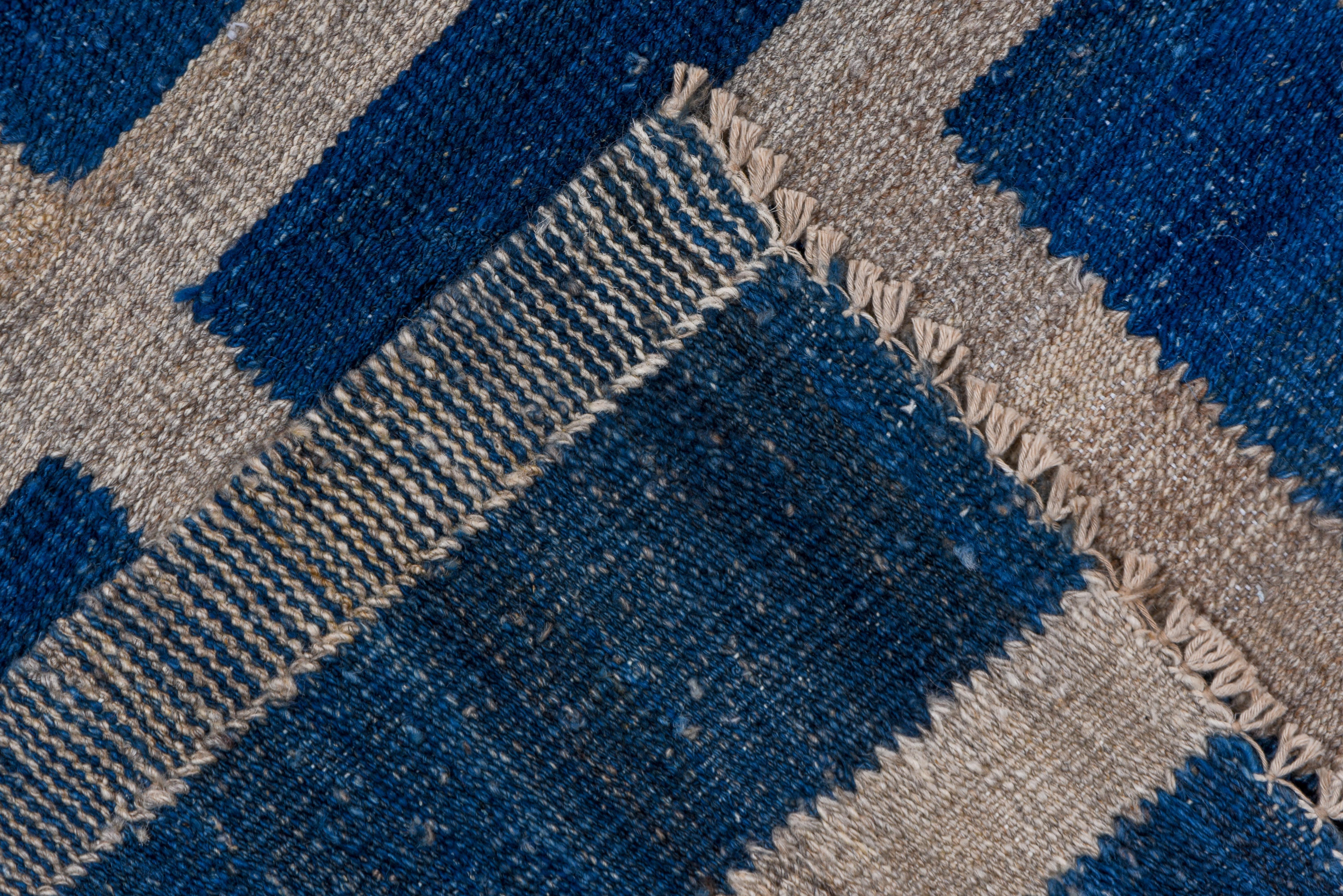 Afghan Modern & Geometric Royal Blue Flatweave Rug with Gray & Taupe Accents For Sale