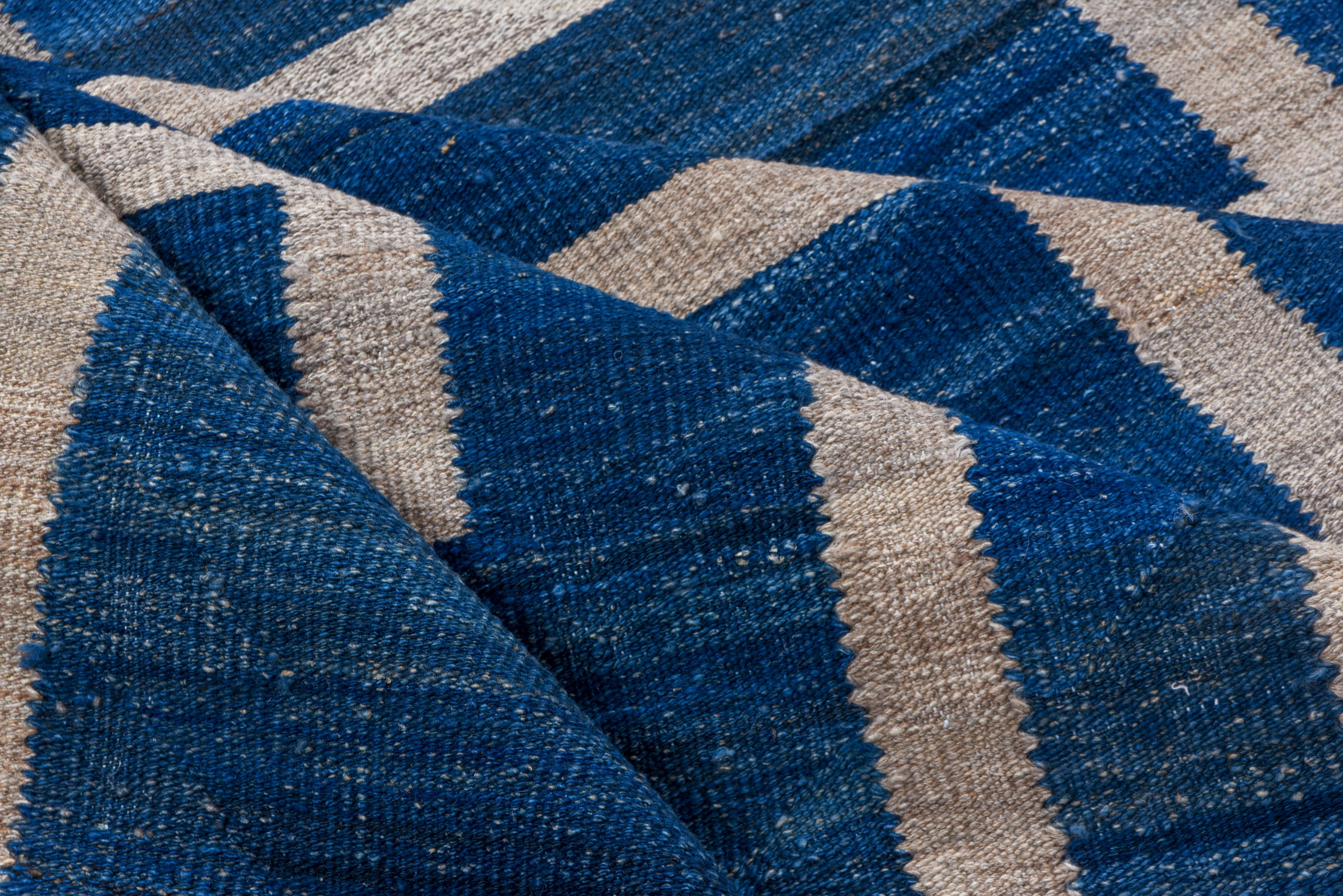 Hand-Woven Modern & Geometric Royal Blue Flatweave Rug with Gray & Taupe Accents For Sale