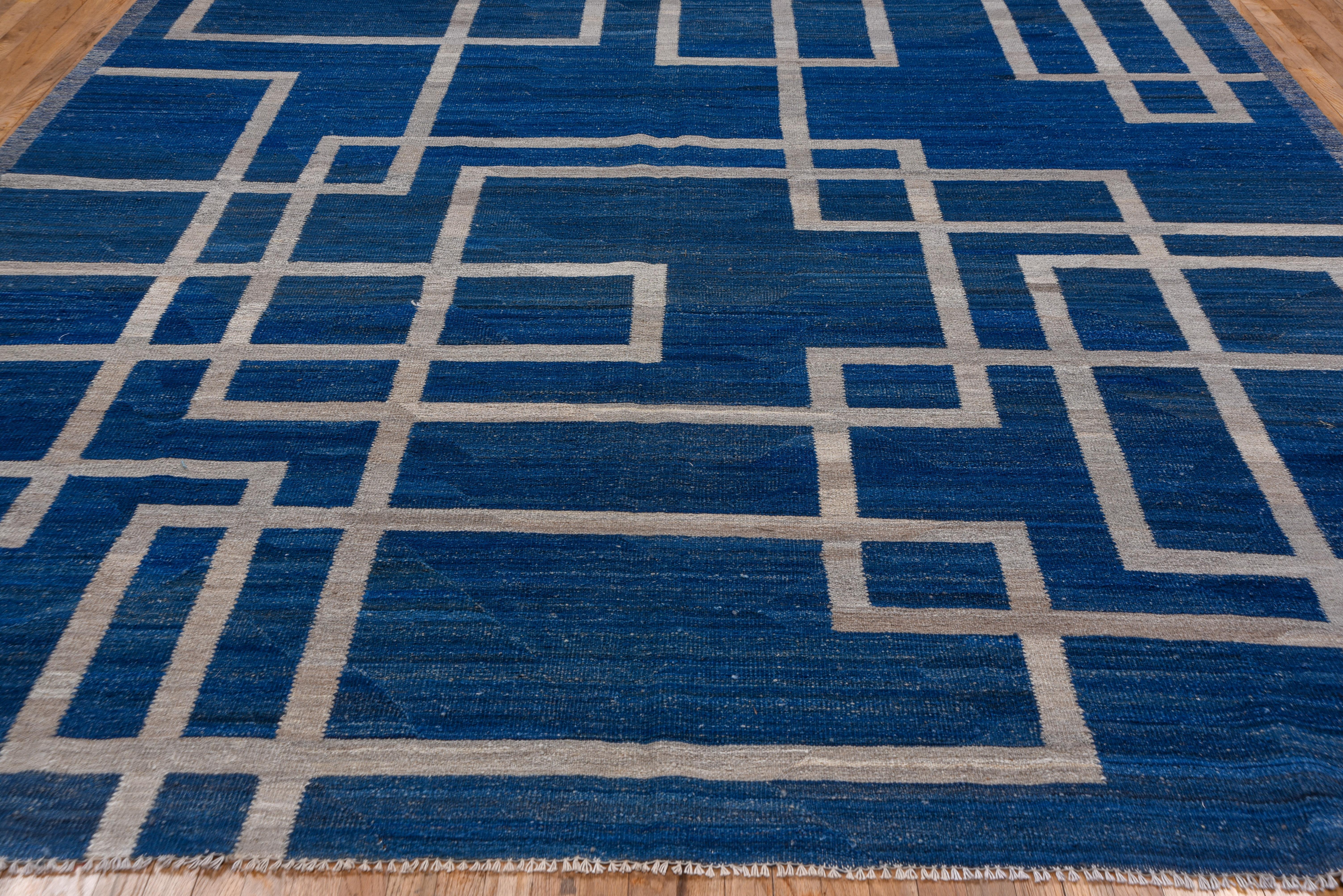 Modern & Geometric Royal Blue Flatweave Rug with Gray & Taupe Accents In Excellent Condition For Sale In New York, NY