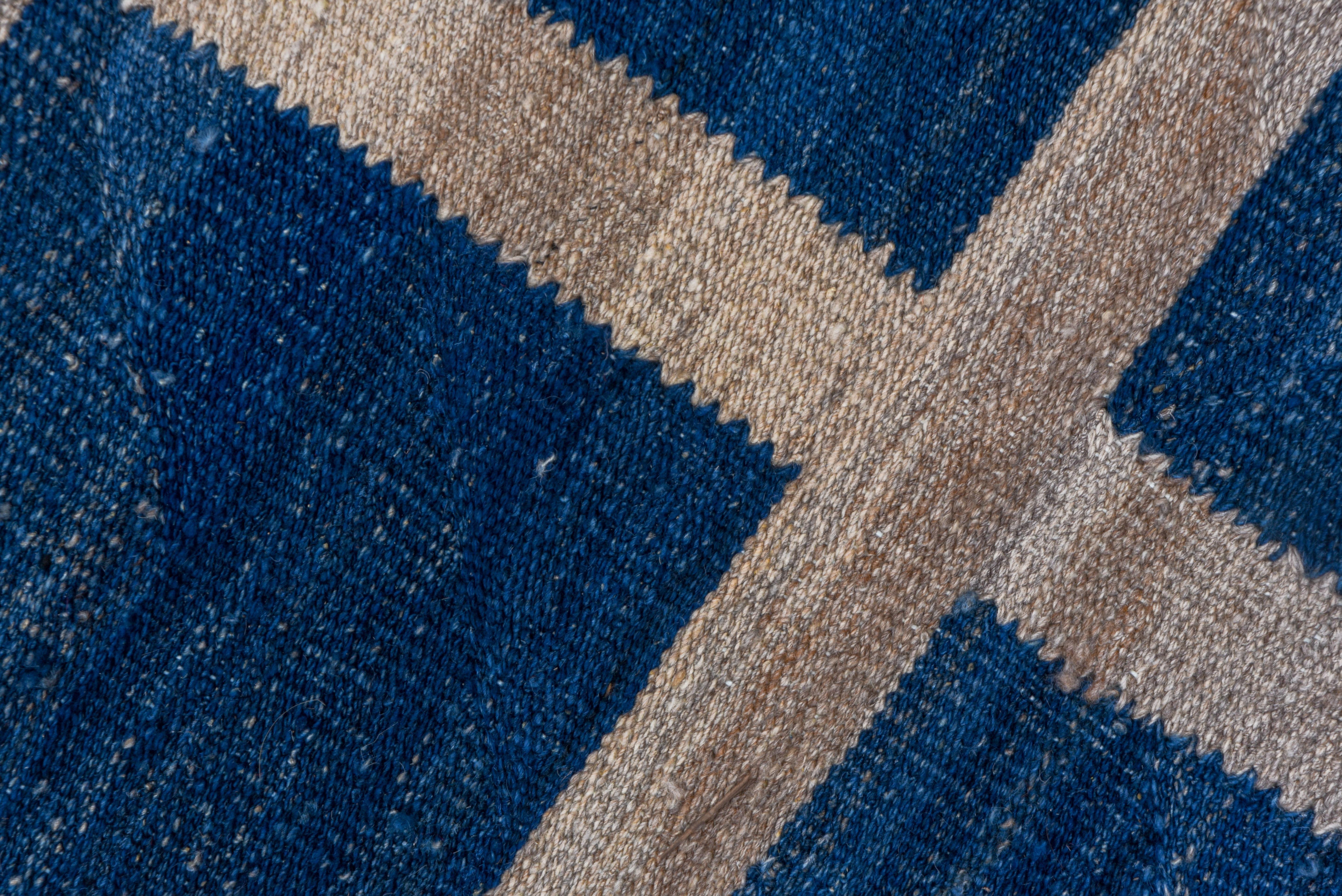 Wool Modern & Geometric Royal Blue Flatweave Rug with Gray & Taupe Accents For Sale