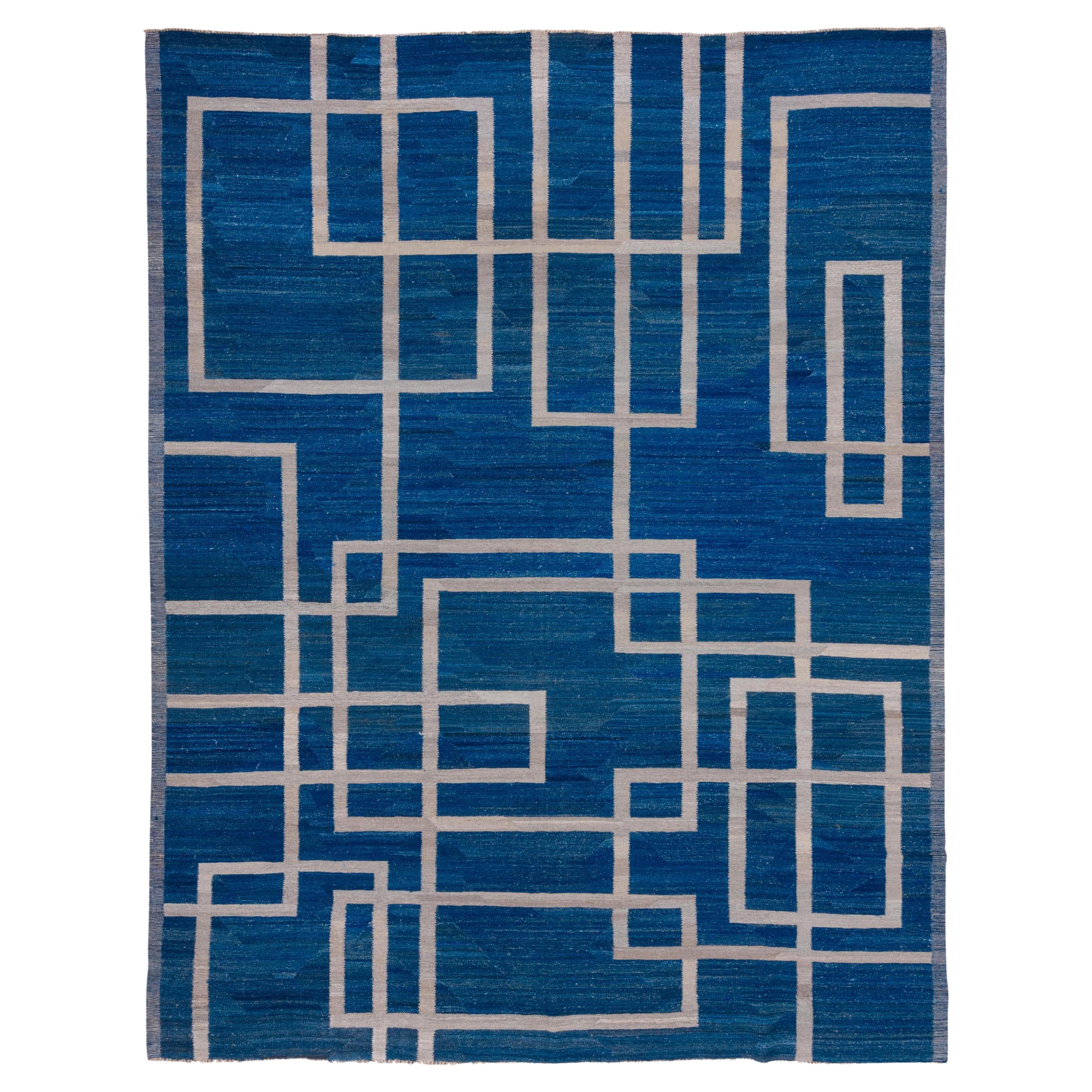 Modern & Geometric Royal Blue Flatweave Rug with Gray & Taupe Accents For Sale