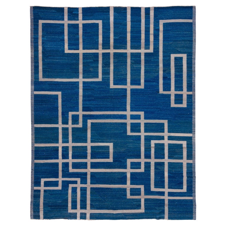 Modern and Geometric Royal Blue Flatweave Rug with Gray and Taupe