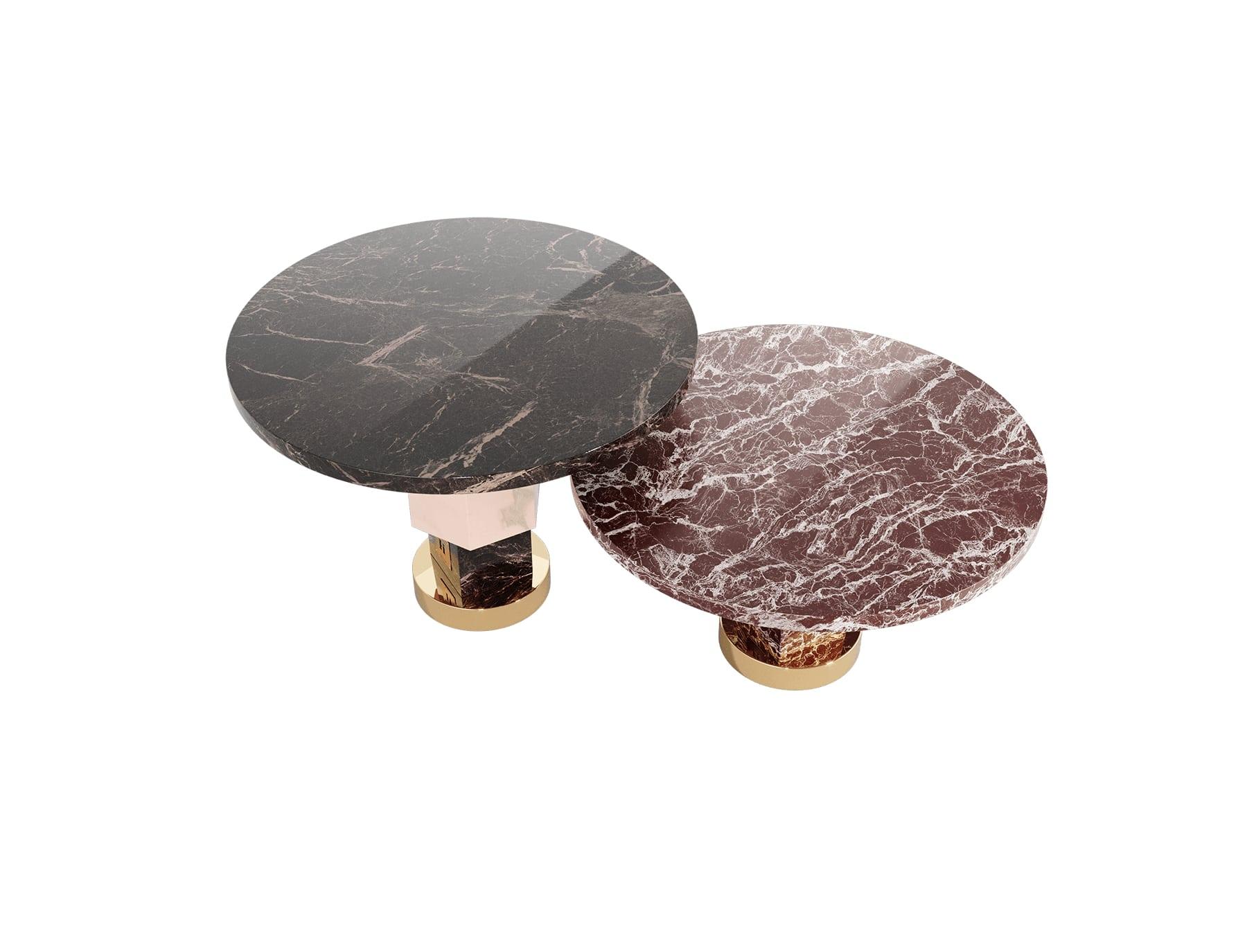 Limited Edition: The Niagara Center Table features a geometric shape inspired by the Memphis movement vibe. A modern coffee table set made of a curated selection of different marbles. This design set is the perfect choice for a luxury living