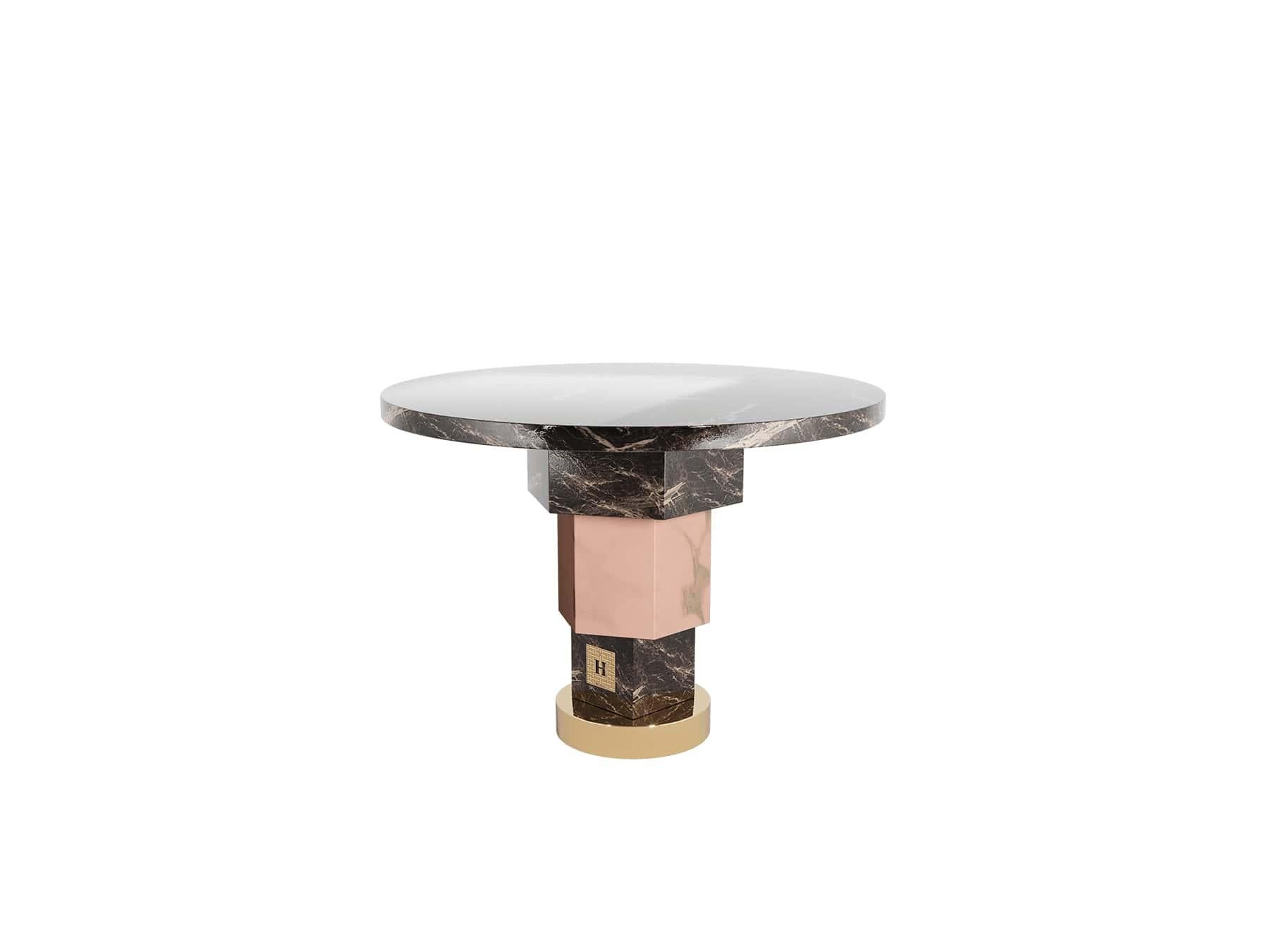 Portuguese Modern Geometric Side Table Set Memphis Style With Marble & Gold Brass Details For Sale