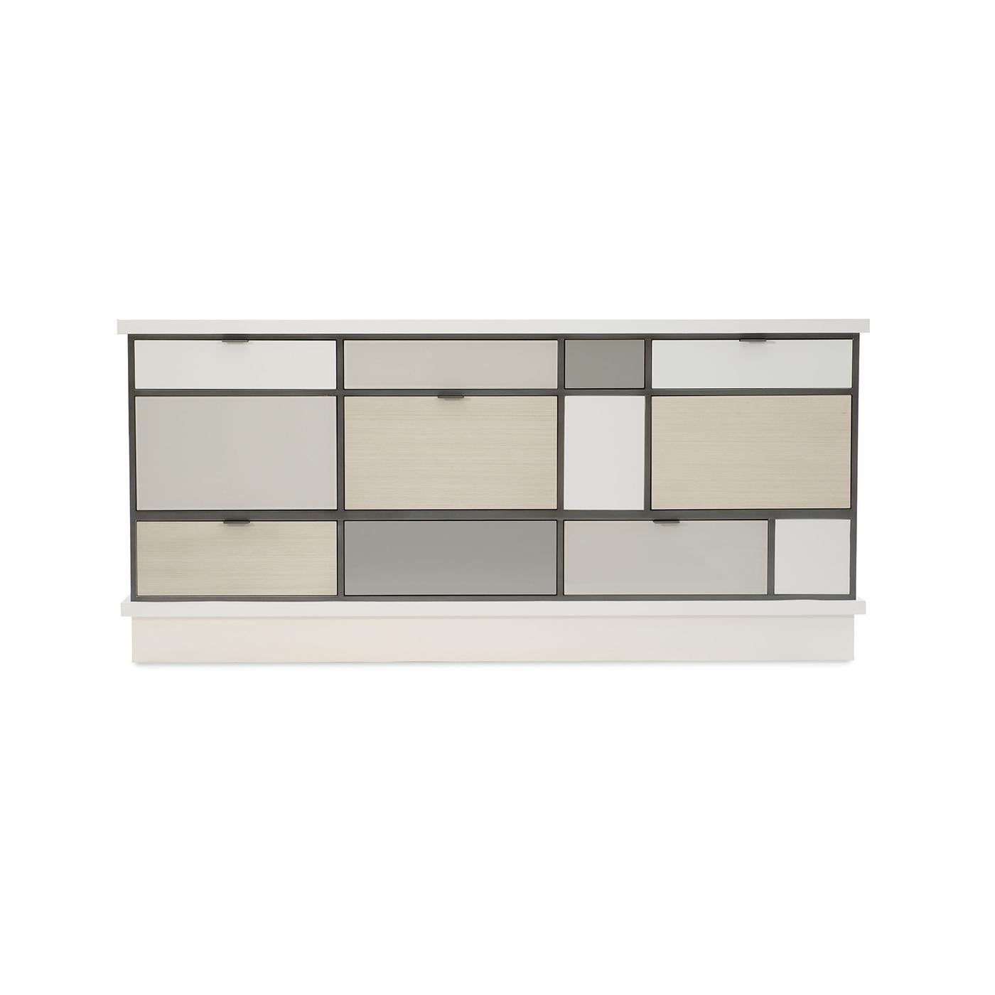 Modern Geometric Sideboard, with character worthy of designing a room around, this buffet makes any space a destination. Created with eight drawers and four doors in a checkerboard pattern, its front is a medley of harmonizing glass fronts