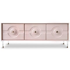 Modern Geometric Sorrento 3 Door Credenza Sideboard, Lucite and Brass Hardware